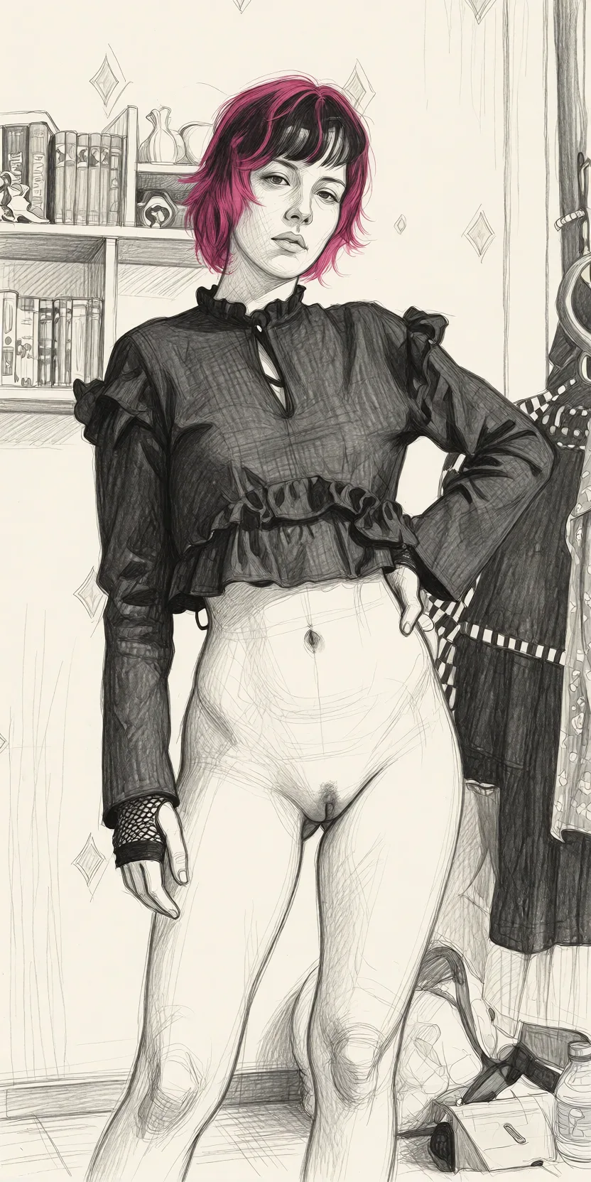 Redraw the entire picture as a hand-drawn graphite sketch on off-white paper: visible pencil strokes, cross-hatched shading, loose construction lines and no colour beyond the grey of the pencil and the tone of the paper. The background is drawn in the same style. Nothing in the frame keeps its photographic appearance. Above all, the picture must show: nude 1woman cum_in_pussy.