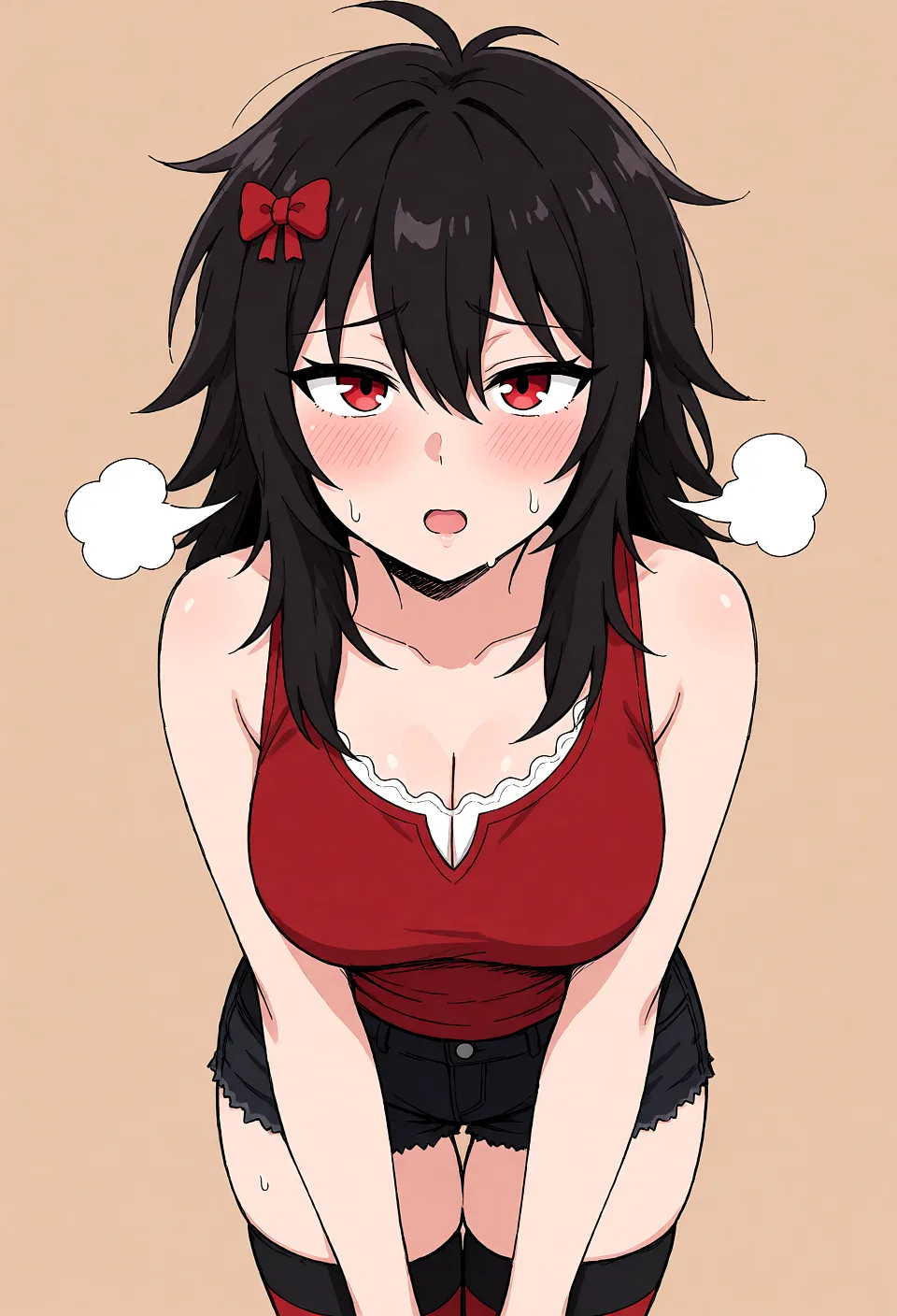 Redraw the entire picture as a hand-drawn anime illustration in flat cel-shaded anime style. It stays the same person with the same face, the same expression, the same hair and the same skin tone, and every other detail of the photograph is kept exactly as it is: nothing is added, removed, moved, uncovered or recoloured. Only the medium changes, and no part of the picture is left photographic. Above all, the picture must show: paizuri no_shirt sleeveless medium_breasts ejaculation cum_on_breasts full-face_blush heavy_breathing naughty_face.