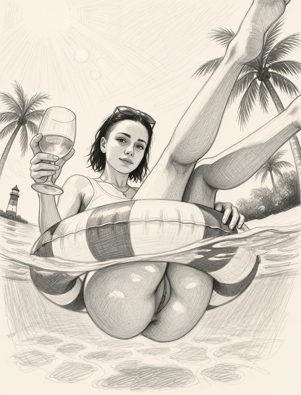 Redraw the entire picture as a hand-drawn graphite sketch on off-white paper: visible pencil strokes, cross-hatched shading, loose construction lines and no colour beyond the grey of the pencil and the tone of the paper. The background is drawn in the same style. Nothing in the frame keeps its photographic appearance. Above all, the picture must show: Candid below waterline shot.She with wet hair and fair skin floats on her back in a blue and white striped inflatable ring, completely naked.Her big ass hangs below the inflatable ring, revealing her pussy.The is taken from below water level looking up at the woman's face and body.Bright direct sunlight creates visible lens flares in the upper left corner.Palm trees frame the background against a clear blue sky.She floats with legs raised high toward the camera, right hand holding a wine glass containing light-colored liquid, left hand resting on her thigh.Her expression is neutral as she looks directly at the viewer.
