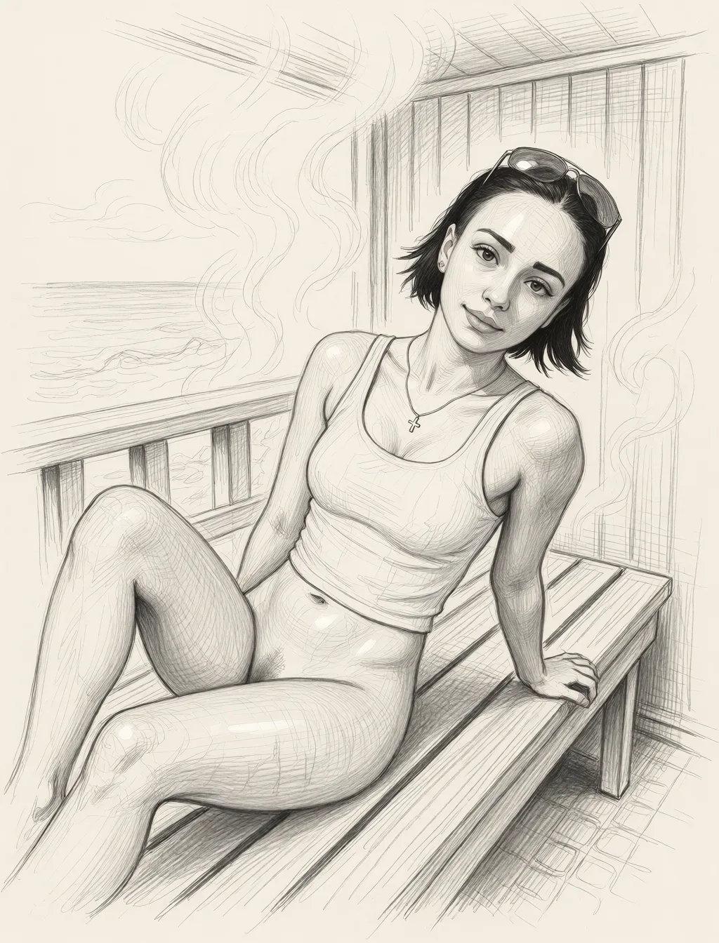 Redraw the entire picture as a hand-drawn graphite sketch on off-white paper: visible pencil strokes, cross-hatched shading, loose construction lines and no colour beyond the grey of the pencil and the tone of the paper. The background is drawn in the same style. Nothing in the frame keeps its photographic appearance. Above all, the picture must show: OiledSkin woman, naked in a sauna, reclining on a wooden bench, surrounded by steam, amateur. in color.