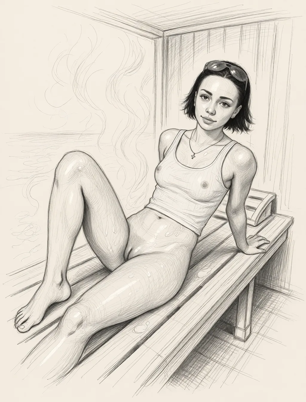 Redraw the entire picture as a hand-drawn graphite sketch on off-white paper: visible pencil strokes, cross-hatched shading, loose construction lines and no colour beyond the grey of the pencil and the tone of the paper. The background is drawn in the same style. Nothing in the frame keeps its photographic appearance. Above all, the picture must show: OiledSkin full nude woman, naked in a sauna, reclining on a wooden bench, surrounded by steam, amateur. Sketch with color.