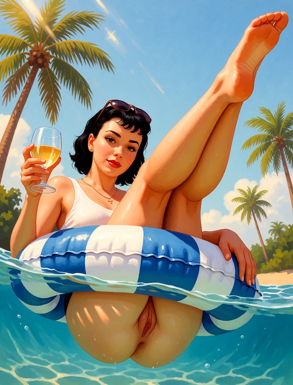 Redraw the entire picture as a retro pin-up illustration: smooth airbrushed gouache paint, warm saturated mid-century colour, clean confident outlines and glamorous stylised features, in the look of a 1950s pin-up poster. The background is painted in the same style. Nothing in the frame keeps its photographic appearance. Above all, the picture must show: Candid below waterline shot.She with wet hair and fair skin floats on her back in a blue and white striped inflatable ring, completely naked.Her big ass hangs below the inflatable ring, revealing her pussy.The is taken from below water level looking up at the woman's face and body.Bright direct sunlight creates visible lens flares in the upper left corner.Palm trees frame the background against a clear blue sky.She floats with legs raised high toward the camera, right hand holding a wine glass containing light-colored liquid, left hand resting on her thigh.Her expression is neutral as she looks directly at the viewer.