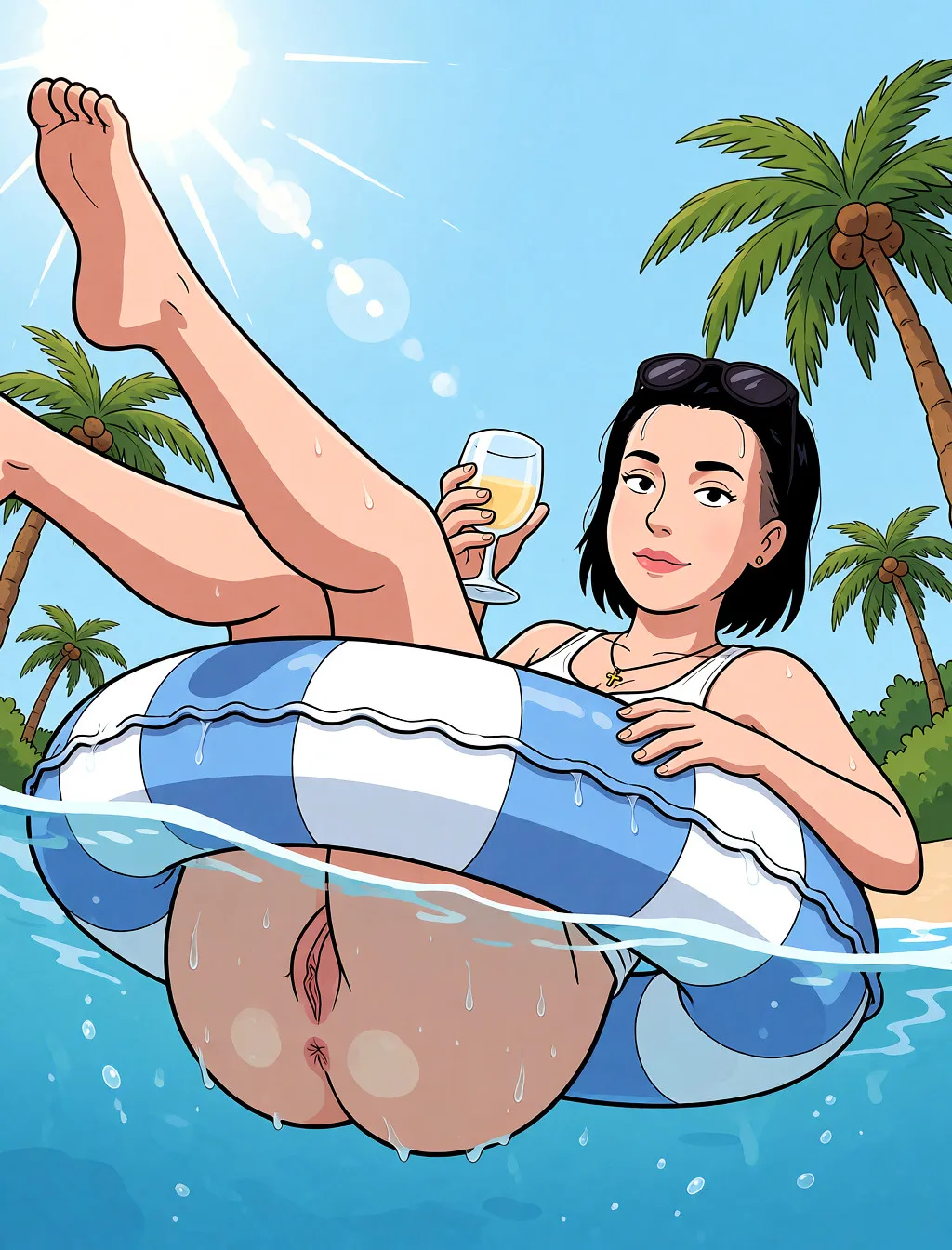 Redraw the entire picture as a western animated cartoon cel: thick even outlines, flat bright blocks of colour, simplified rounded shapes and hard-edged shadows, in the look of a television cartoon rather than of a camera. Keep the woman's adult proportions and adult figure exactly as they are; only the drawing style changes. The background is drawn in the same style. Nothing in the frame keeps its photographic appearance. Above all, the picture must show: Candid below waterline shot.She with wet hair and fair skin floats on her back in a blue and white striped inflatable ring, completely naked.Her big ass hangs below the inflatable ring, revealing her pussy.The is taken from below water level looking up at the woman's face and body.Bright direct sunlight creates visible lens flares in the upper left corner.Palm trees frame the background against a clear blue sky.She floats with legs raised high toward the camera, right hand holding a wine glass containing light-colored liquid, left hand resting on her thigh.Her expression is neutral as she looks directly at the viewer.