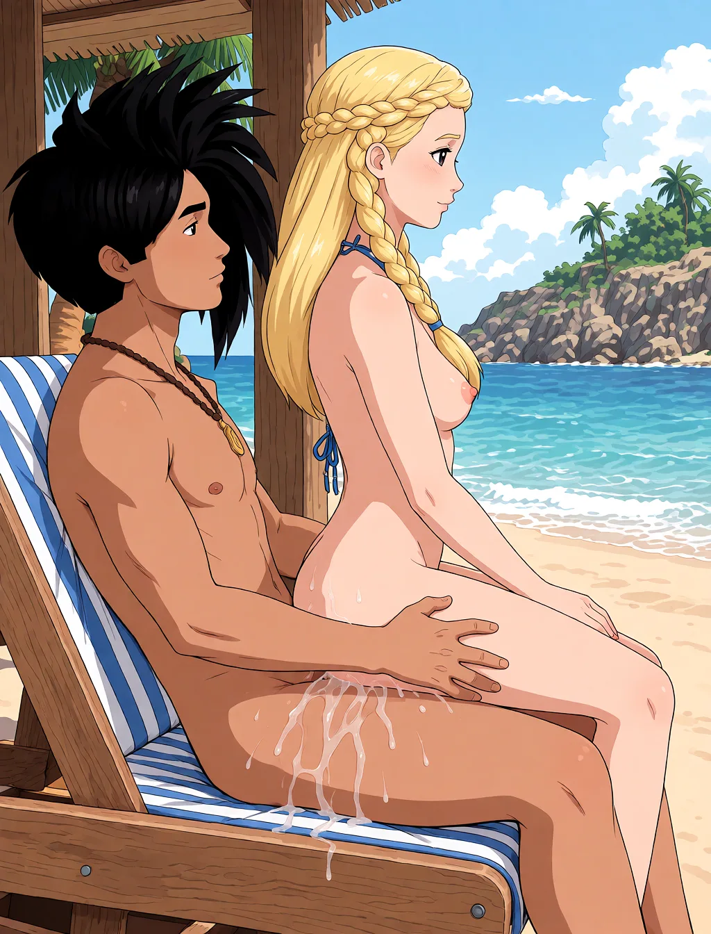 Redraw the entire picture as a hand-drawn anime illustration in flat cel-shaded anime style. It stays the same person with the same face, the same expression, the same hair and the same skin tone, and every other detail of the photograph is kept exactly as it is: nothing is added, removed, moved, uncovered or recoloured. Only the medium changes, and no part of the picture is left photographic. Above all, the picture must show: nude completely_nude sex cum orgasm no_panties.