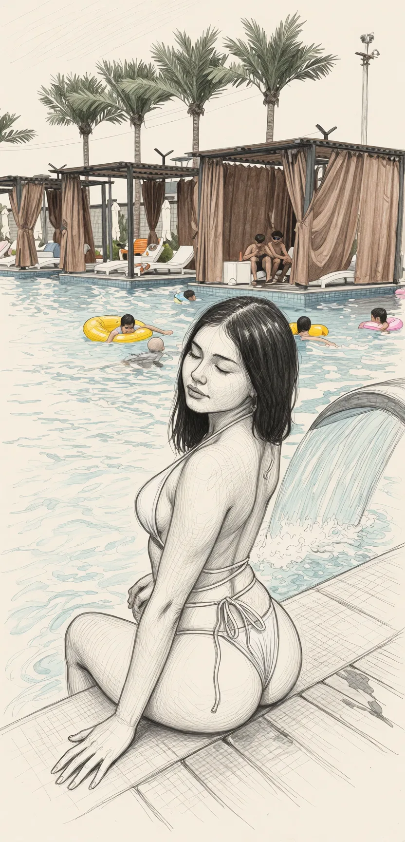 Redraw the entire picture as a hand-drawn graphite sketch on off-white paper: visible pencil strokes, cross-hatched shading, loose construction lines and no colour beyond the grey of the pencil and the tone of the paper. The background is drawn in the same style. Nothing in the frame keeps its photographic appearance. Above all, the picture must show: Наездница жопой полностью голая на члене мужика.
