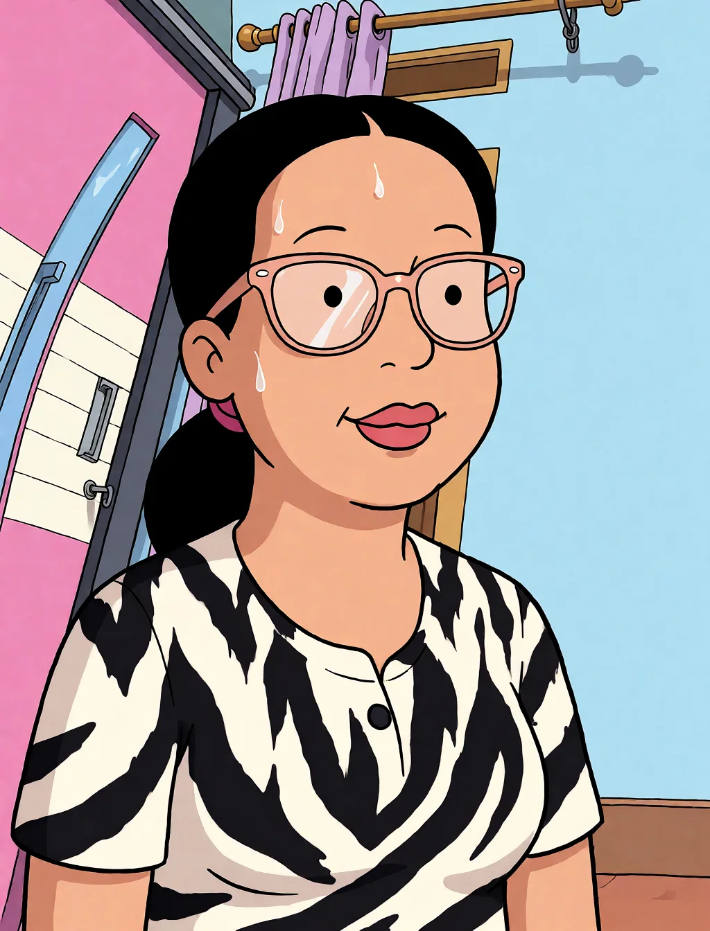 Redraw the entire picture as a western animated cartoon cel: thick even outlines, flat bright blocks of colour, simplified rounded shapes and hard-edged shadows, in the look of a television cartoon rather than of a camera. Keep the woman's adult proportions and adult figure exactly as they are; only the drawing style changes. The background is drawn in the same style. Nothing in the frame keeps its photographic appearance. Above all, the picture must show: Lepaskan pakaian.
