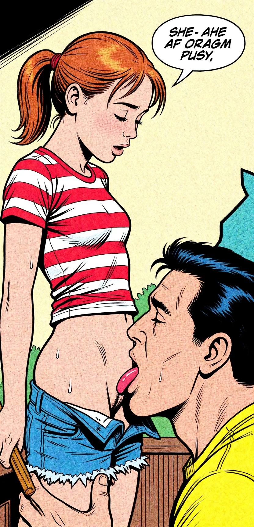 Redraw the entire picture as western comic-book art: heavy black inked outlines, hard-edged cel shading, limited high-contrast colour and visible halftone dot texture. The background is drawn in the same style. Nothing in the frame keeps its photographic appearance. Above all, the picture must show: She is short and skinny, her shorts off, he is n licking her pussy,.ahe orgasm.