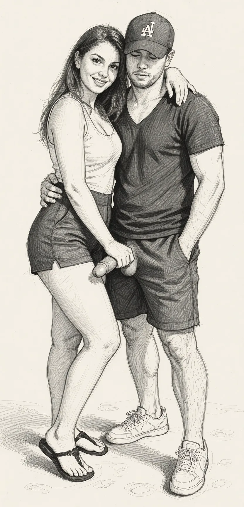 Redraw the entire picture as a hand-drawn graphite sketch on off-white paper: visible pencil strokes, cross-hatched shading, loose construction lines and no colour beyond the grey of the pencil and the tone of the paper. The background is drawn in the same style. Nothing in the frame keeps its photographic appearance. Above all, the picture must show: She grabs my long penis.
