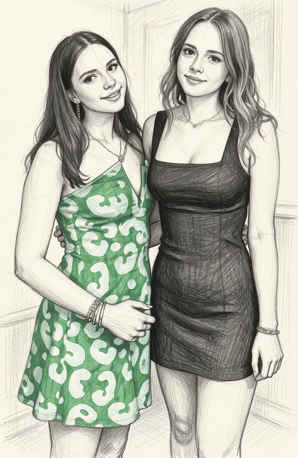 Redraw the entire picture as a hand-drawn graphite sketch on off-white paper: visible pencil strokes, cross-hatched shading, loose construction lines and no colour beyond the grey of the pencil and the tone of the paper. The background is drawn in the same style. Nothing in the frame keeps its photographic appearance. Above all, the picture must show: nude.