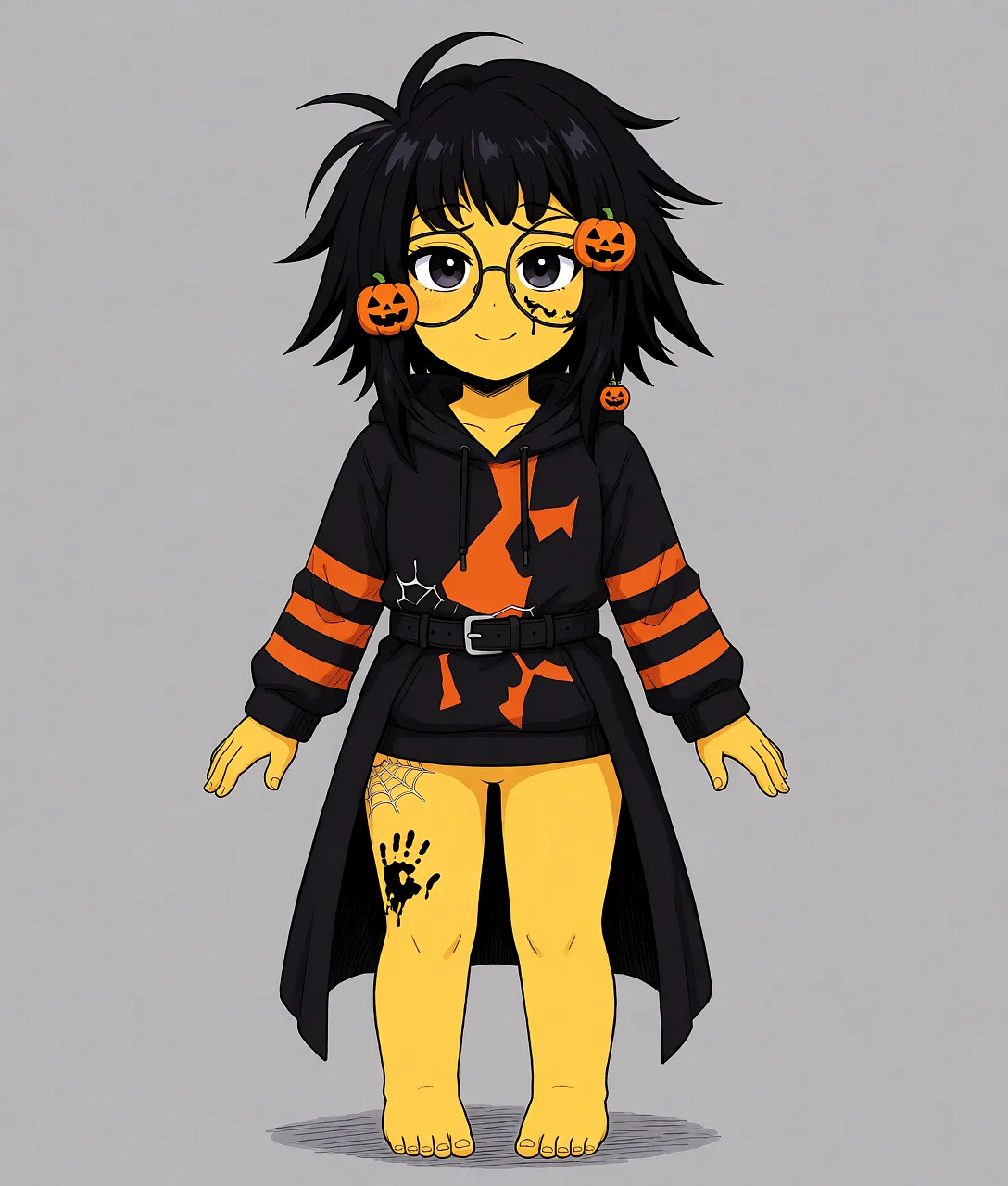 Redraw the entire picture as a hand-drawn anime illustration in flat cel-shaded anime style. It stays the same person with the same face, the same expression, the same hair and the same skin tone, and every other detail of the photograph is kept exactly as it is: nothing is added, removed, moved, uncovered or recoloured. Only the medium changes, and no part of the picture is left photographic. Above all, the picture must show: Undress her and make her stand in a normal pose on a gray background.