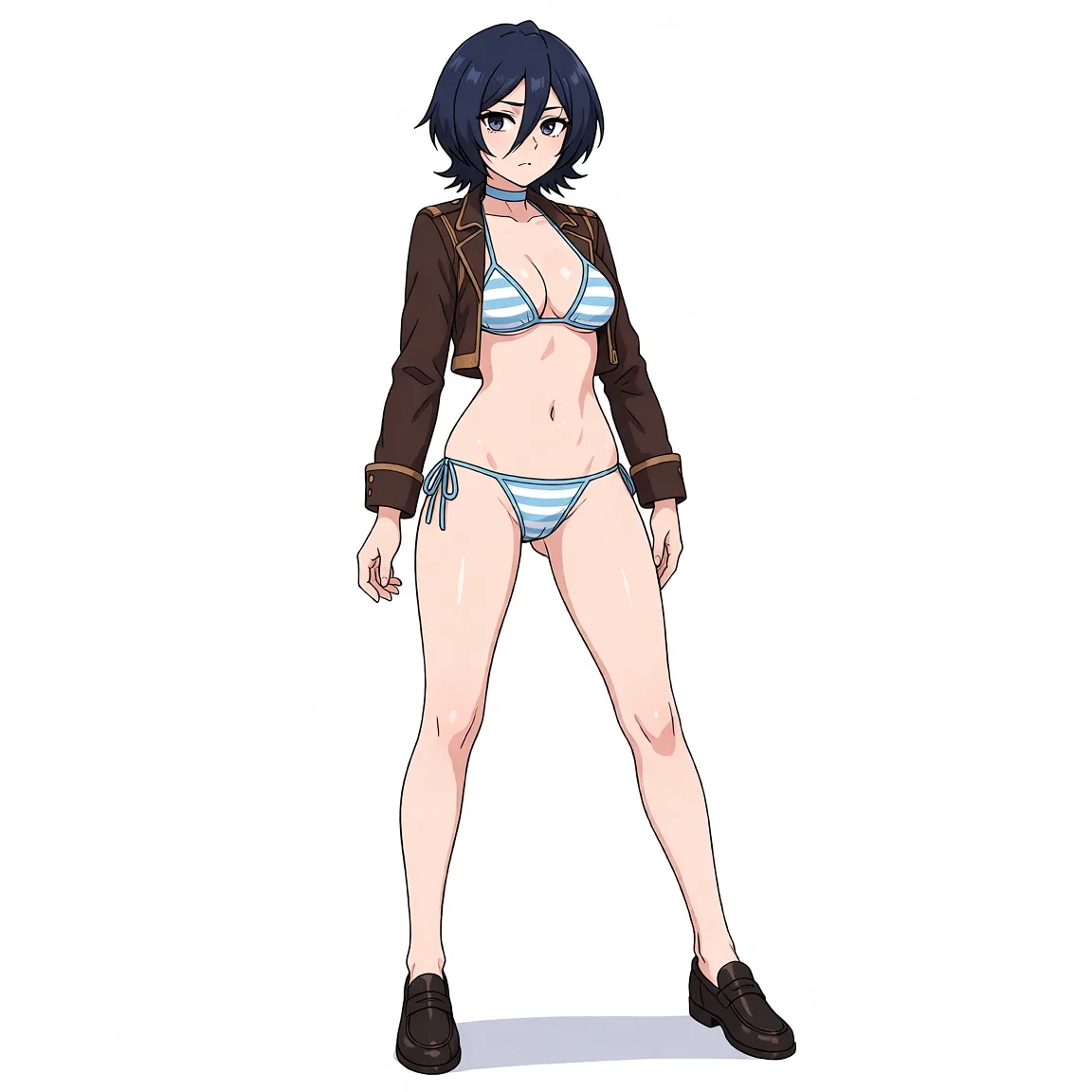 Redraw the entire picture as a hand-drawn anime illustration in flat cel-shaded anime style. It stays the same person with the same face, the same expression, the same hair and the same skin tone, and every other detail of the photograph is kept exactly as it is: nothing is added, removed, moved, uncovered or recoloured. Only the medium changes, and no part of the picture is left photographic. Above all, the picture must show: striped_bikini, string_panties, group_sex.