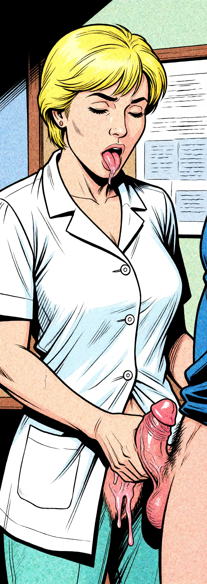 Redraw the entire picture as western comic-book art: heavy black inked outlines, hard-edged cel shading, limited high-contrast colour and visible halftone dot texture. The background is drawn in the same style. Nothing in the frame keeps its photographic appearance. Above all, the picture must show: She gives a guy a blowjob.