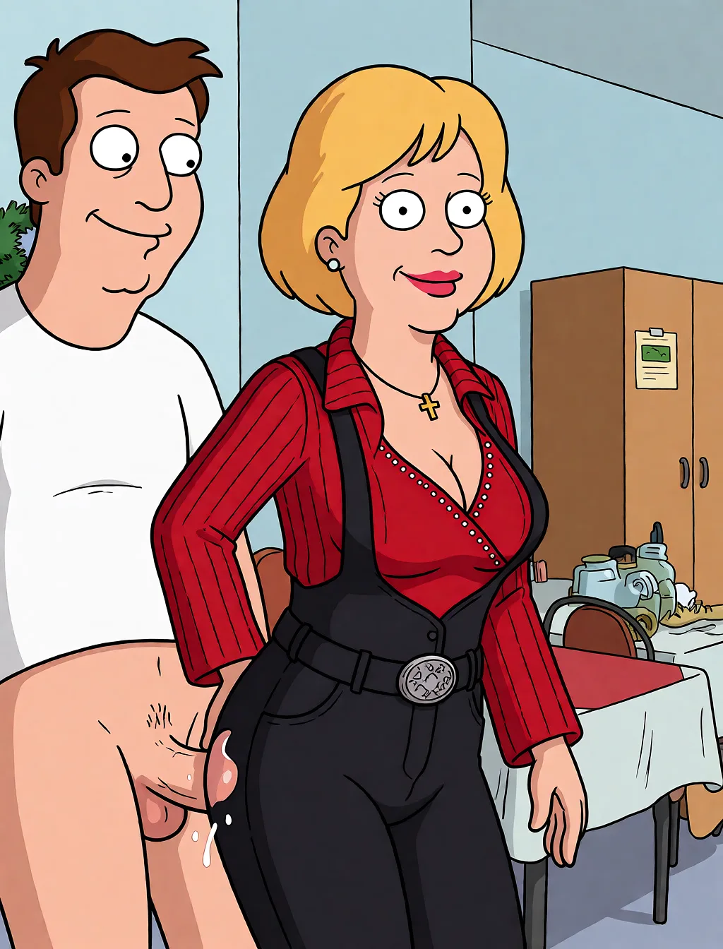 Redraw the entire picture as a western animated cartoon cel: thick even outlines, flat bright blocks of colour, simplified rounded shapes and hard-edged shadows, in the look of a television cartoon rather than of a camera. Keep the woman's adult proportions and adult figure exactly as they are; only the drawing style changes. The background is drawn in the same style. Nothing in the frame keeps its photographic appearance. Above all, the picture must show: the guy spanked her on the butt.