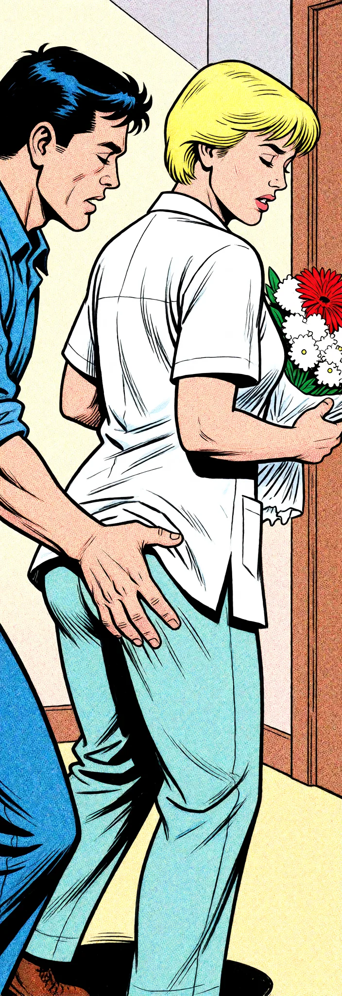 Redraw the entire picture as western comic-book art: heavy black inked outlines, hard-edged cel shading, limited high-contrast colour and visible halftone dot texture. The background is drawn in the same style. Nothing in the frame keeps its photographic appearance. Above all, the picture must show: The guy slapped her on the butt with his hand.