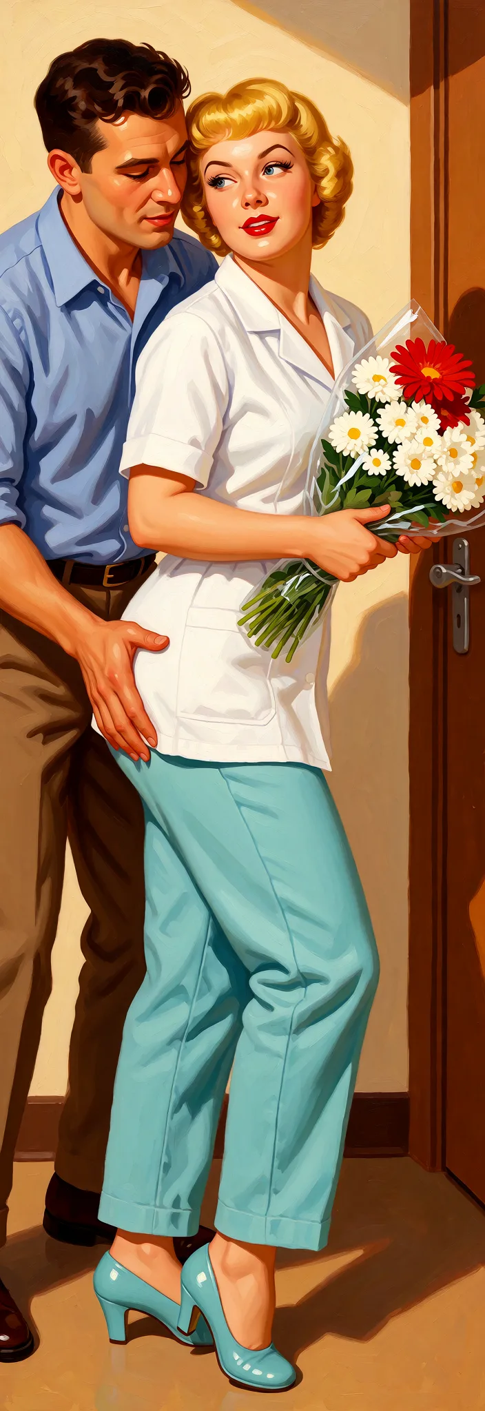 Redraw the entire picture as a retro pin-up illustration: smooth airbrushed gouache paint, warm saturated mid-century colour, clean confident outlines and glamorous stylised features, in the look of a 1950s pin-up poster. The background is painted in the same style. Nothing in the frame keeps its photographic appearance. Above all, the picture must show: The guy slapped her on the butt with his hand.