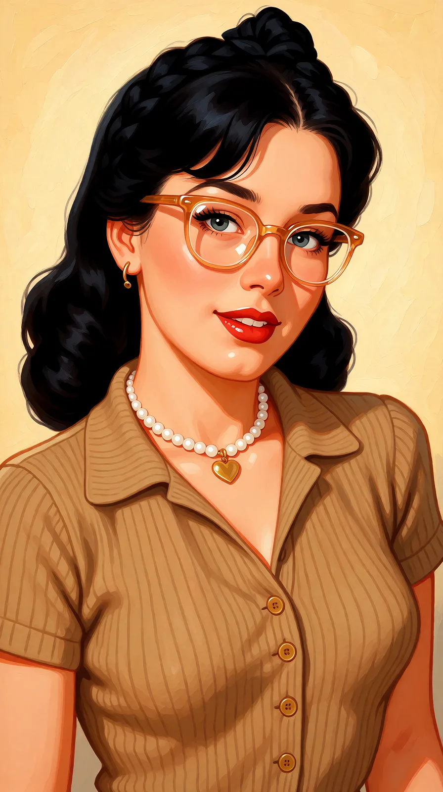 Redraw the entire picture as a retro pin-up illustration: smooth airbrushed gouache paint, warm saturated mid-century colour, clean confident outlines and glamorous stylised features, in the look of a 1950s pin-up poster. The background is painted in the same style. Nothing in the frame keeps its photographic appearance. Above all, the picture must show: presenting.