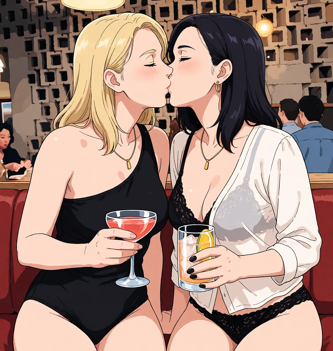 Redraw the entire picture as a hand-drawn anime illustration in flat cel-shaded anime style. It stays the same person with the same face, the same expression, the same hair and the same skin tone, and every other detail of the photograph is kept exactly as it is: nothing is added, removed, moved, uncovered or recoloured. Only the medium changes, and no part of the picture is left photographic. Above all, the picture must show: Both kissing and wearing lingerie.