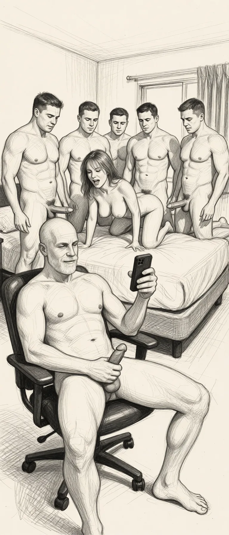 Redraw the entire picture as a hand-drawn graphite sketch on off-white paper: visible pencil strokes, cross-hatched shading, loose construction lines and no colour beyond the grey of the pencil and the tone of the paper. The background is drawn in the same style. Nothing in the frame keeps its photographic appearance. Above all, the picture must show: The man is fully nude sitting in a chair jacking off with one hand and filming the fully nude woman making love to several nude well endowed men on the bed in a motel. More fully nude men with enormous cocks are waiting and watching on the other side of the bed.