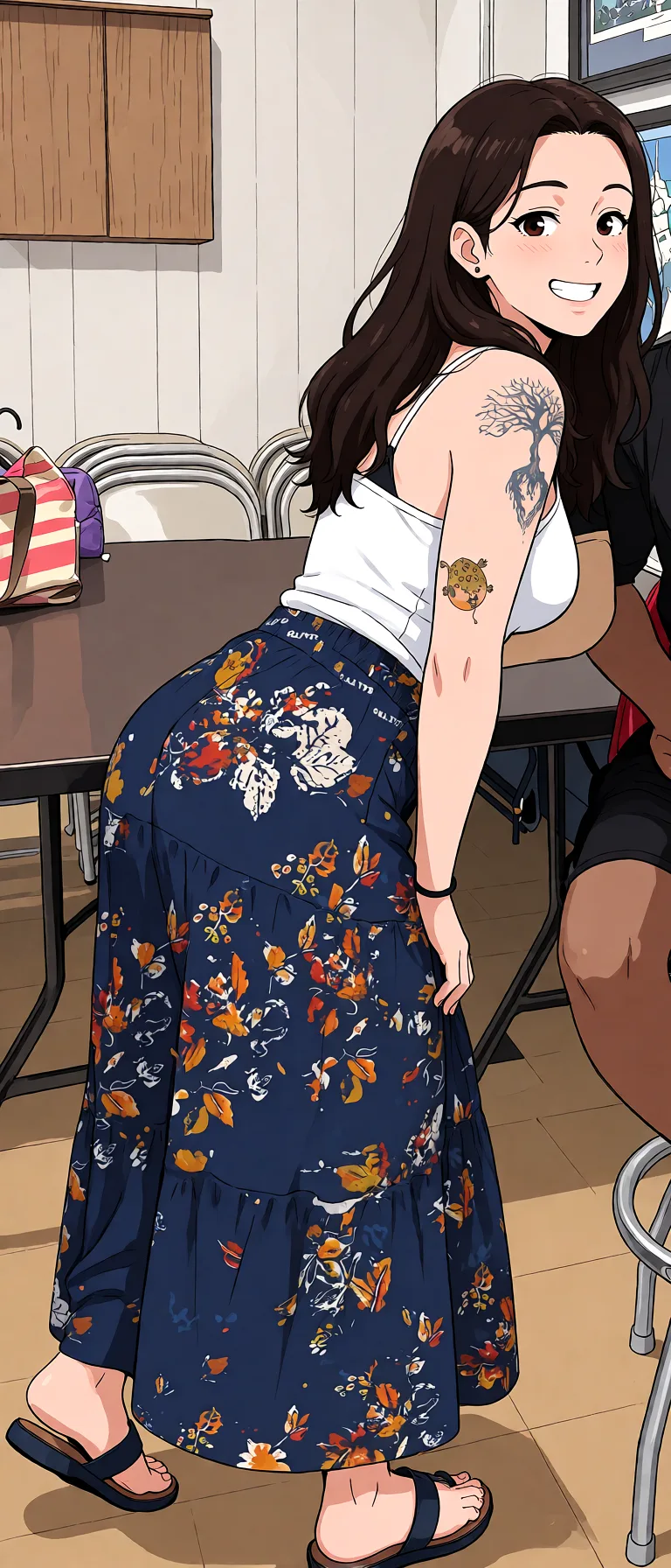 Redraw the entire picture as a hand-drawn anime illustration in flat cel-shaded anime style. It stays the same person with the same face, the same expression, the same hair and the same skin tone, and every other detail of the photograph is kept exactly as it is: nothing is added, removed, moved, uncovered or recoloured. Only the medium changes, and no part of the picture is left photographic. Above all, the picture must show: Showing off her ass.