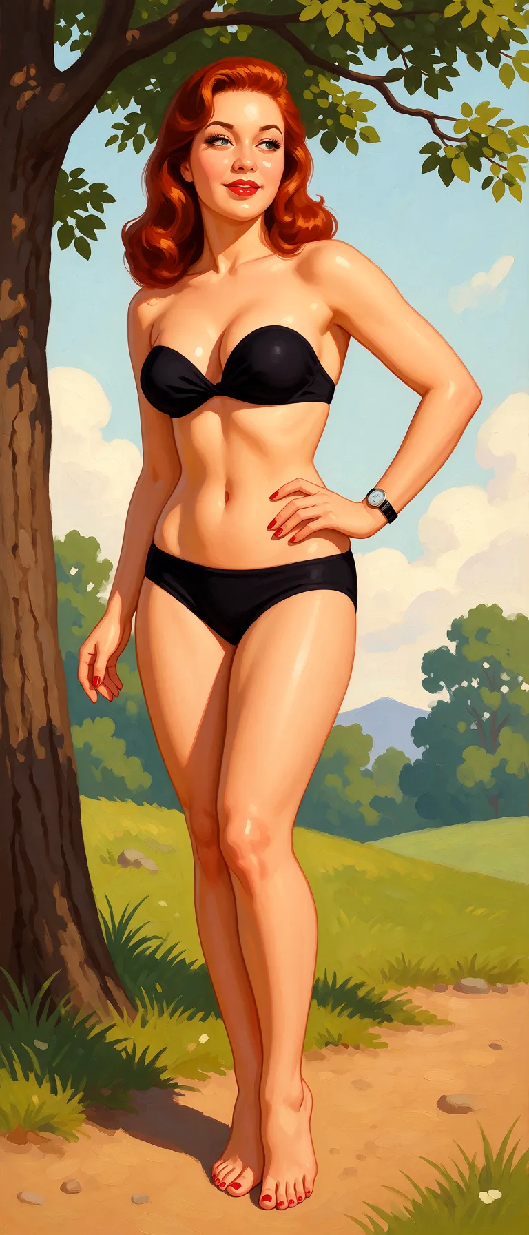 Redraw the entire picture as a retro pin-up illustration: smooth airbrushed gouache paint, warm saturated mid-century colour, clean confident outlines and glamorous stylised features, in the look of a 1950s pin-up poster. The background is painted in the same style. Nothing in the frame keeps its photographic appearance. Above all, the picture must show: This person in a naked full body shot.