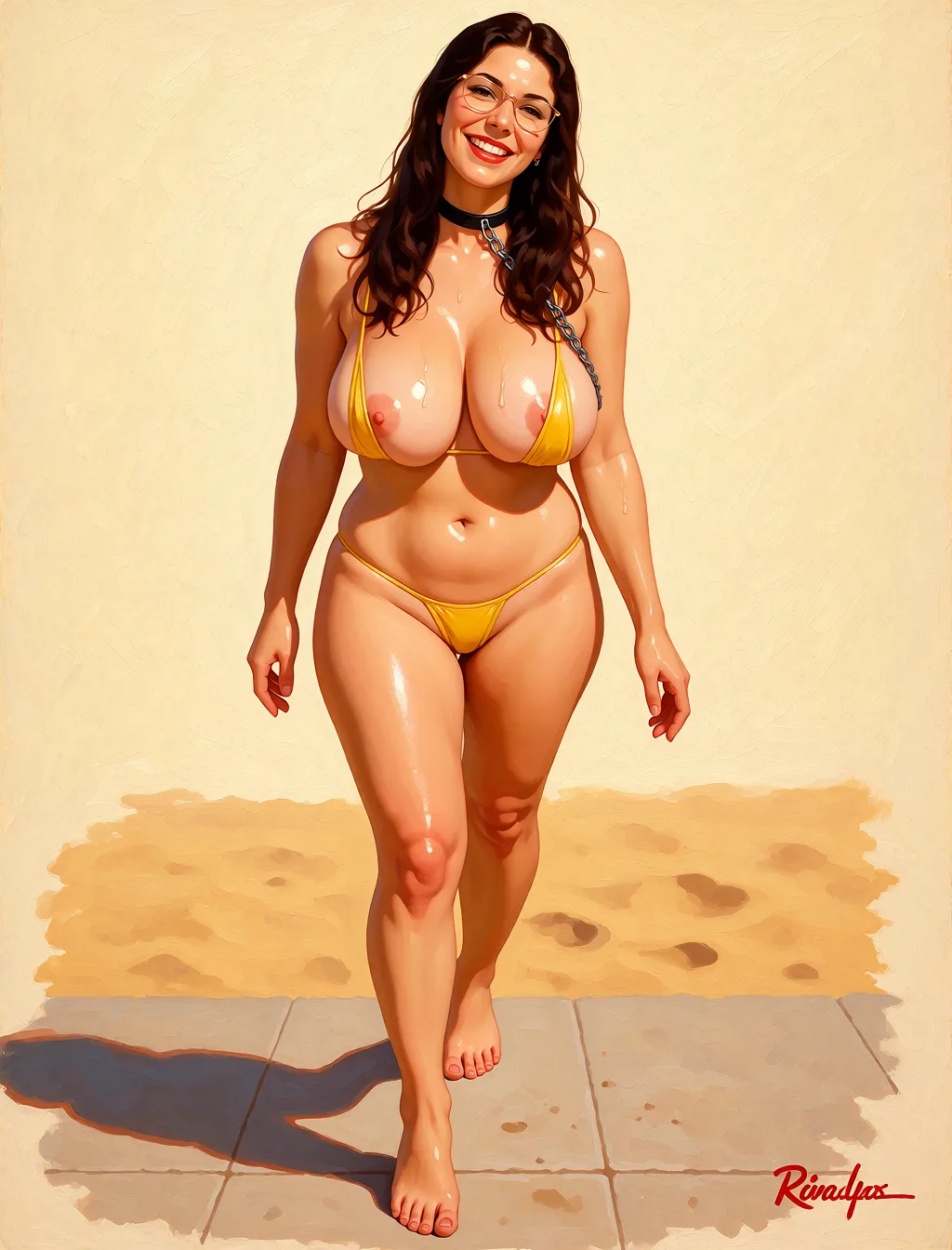 Redraw the entire picture as a retro pin-up illustration: smooth airbrushed gouache paint, warm saturated mid-century colour, clean confident outlines and glamorous stylised features, in the look of a 1950s pin-up poster. The background is painted in the same style. Nothing in the frame keeps its photographic appearance. Above all, the picture must show: cum_on_breasts.