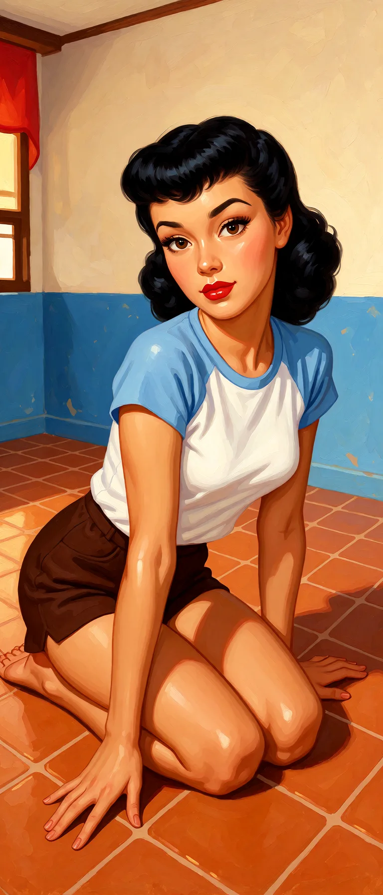 Redraw the entire picture as a retro pin-up illustration: smooth airbrushed gouache paint, warm saturated mid-century colour, clean confident outlines and glamorous stylised features, in the look of a 1950s pin-up poster. The background is painted in the same style. Nothing in the frame keeps its photographic appearance. Above all, the picture must show: Buka Celana yang biru.