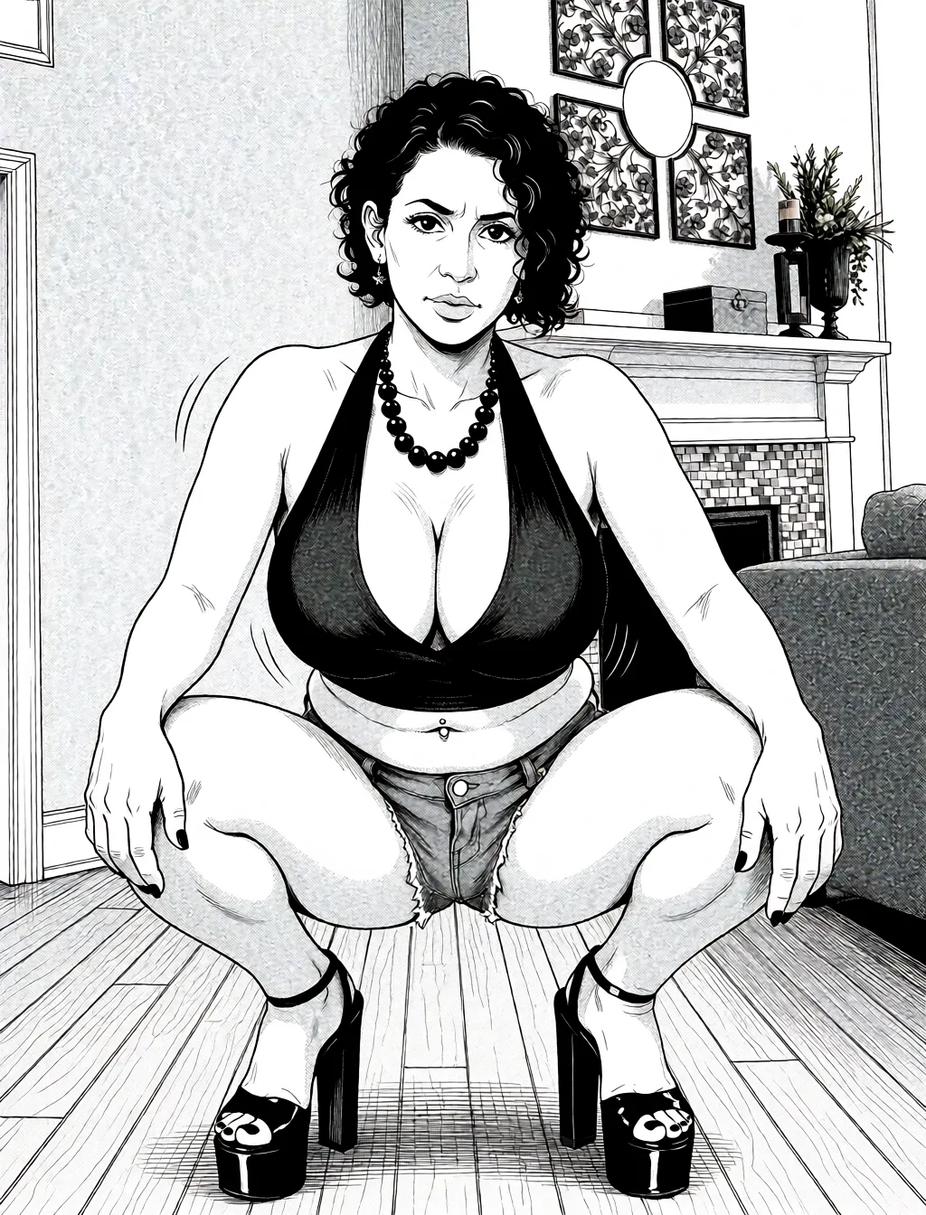 Redraw the entire picture as a black and white manga page: crisp black ink line art, no colour anywhere, flat halftone screentone shading, hatched shadows and clean white highlights, in the look of a printed manga panel. The background is drawn in the same style. Nothing in the frame keeps its photographic appearance. Above all, the picture must show: Preserve her likeness perfectly, she bounces her large breasts out of her top, seemingly grinding and grunting a pillow.