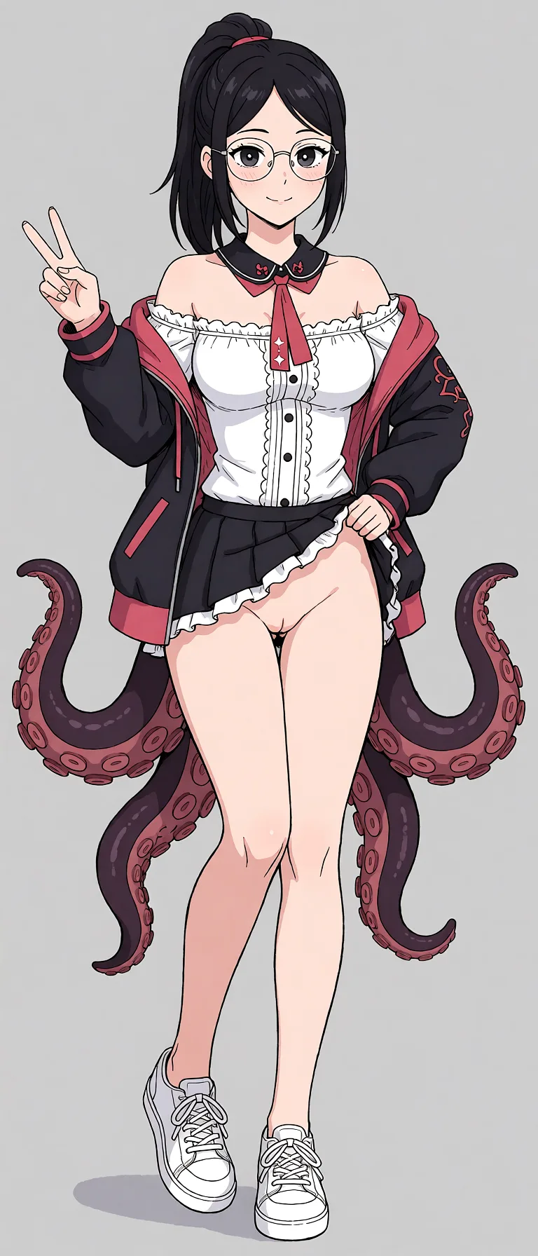 Redraw the entire picture as a hand-drawn anime illustration in flat cel-shaded anime style. It stays the same person with the same face, the same expression, the same hair and the same skin tone, and every other detail of the photograph is kept exactly as it is: nothing is added, removed, moved, uncovered or recoloured. Only the medium changes, and no part of the picture is left photographic. Above all, the picture must show: tentacles, skirt_lift.