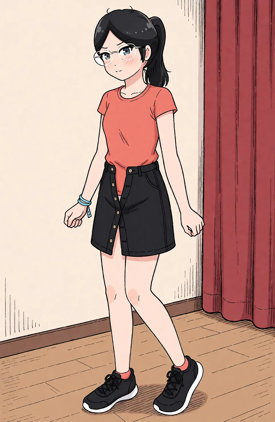 Redraw the entire picture as a hand-drawn anime illustration in flat cel-shaded anime style. It stays the same person with the same face, the same expression, the same hair and the same skin tone, and every other detail of the photograph is kept exactly as it is: nothing is added, removed, moved, uncovered or recoloured. Only the medium changes, and no part of the picture is left photographic. Above all, the picture must show: open skirt by unbuttoned from bottom, arms_at_sides.