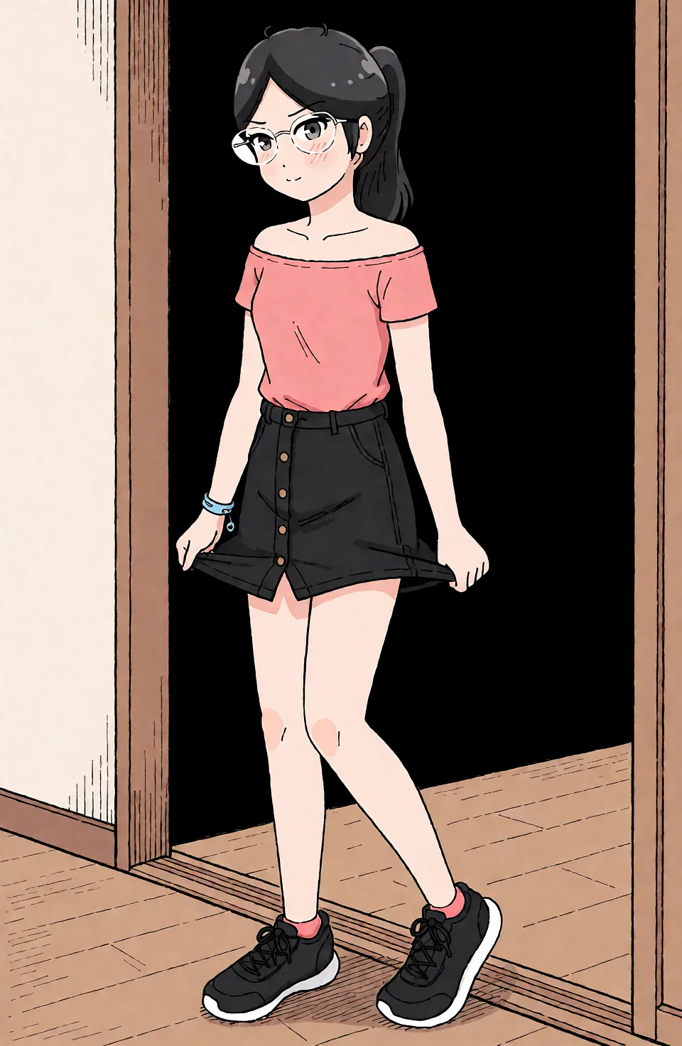 Redraw the entire picture as a hand-drawn anime illustration in flat cel-shaded anime style. It stays the same person with the same face, the same expression, the same hair and the same skin tone, and every other detail of the photograph is kept exactly as it is: nothing is added, removed, moved, uncovered or recoloured. Only the medium changes, and no part of the picture is left photographic. Above all, the picture must show: skirt_lift.