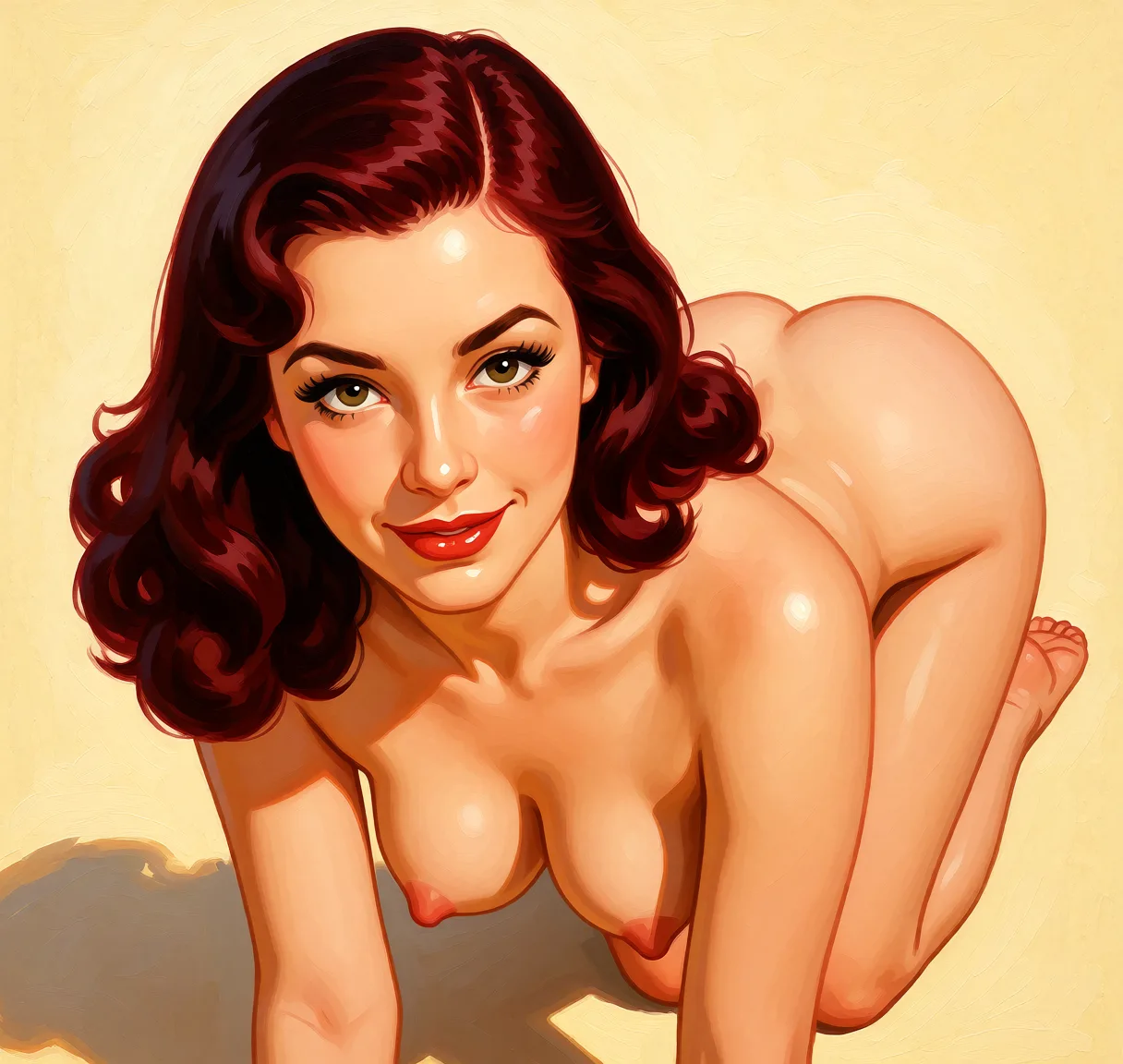 Redraw the entire picture as a retro pin-up illustration: smooth airbrushed gouache paint, warm saturated mid-century colour, clean confident outlines and glamorous stylised features, in the look of a 1950s pin-up poster. The background is painted in the same style. Nothing in the frame keeps its photographic appearance. Above all, the picture must show: I want her on her hands and knees like she's looking up at the camera.
