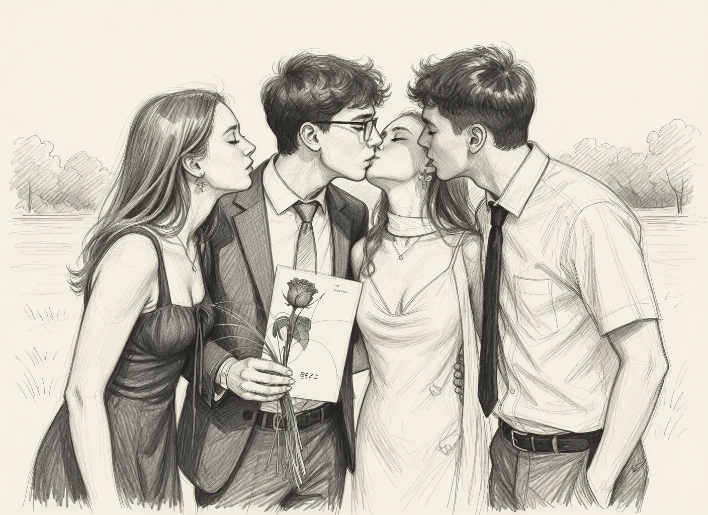 Redraw the entire picture as a hand-drawn graphite sketch on off-white paper: visible pencil strokes, cross-hatched shading, loose construction lines and no colour beyond the grey of the pencil and the tone of the paper. The background is drawn in the same style. Nothing in the frame keeps its photographic appearance. Above all, the picture must show: make them french_kiss.