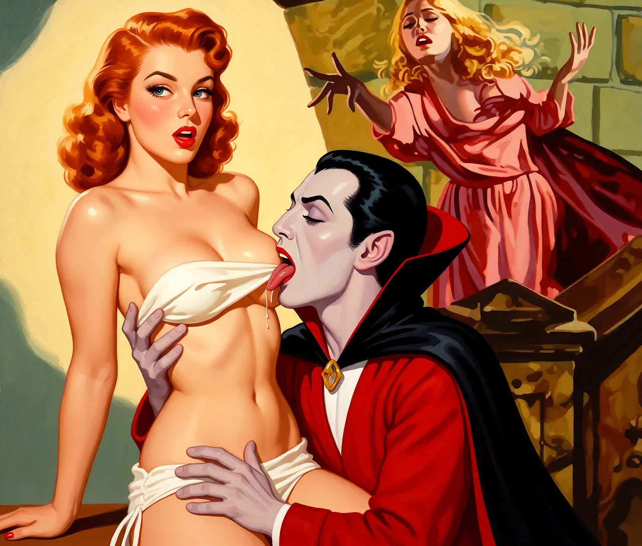 Redraw the entire picture as a retro pin-up illustration: smooth airbrushed gouache paint, warm saturated mid-century colour, clean confident outlines and glamorous stylised features, in the look of a 1950s pin-up poster. The background is painted in the same style. Nothing in the frame keeps its photographic appearance.