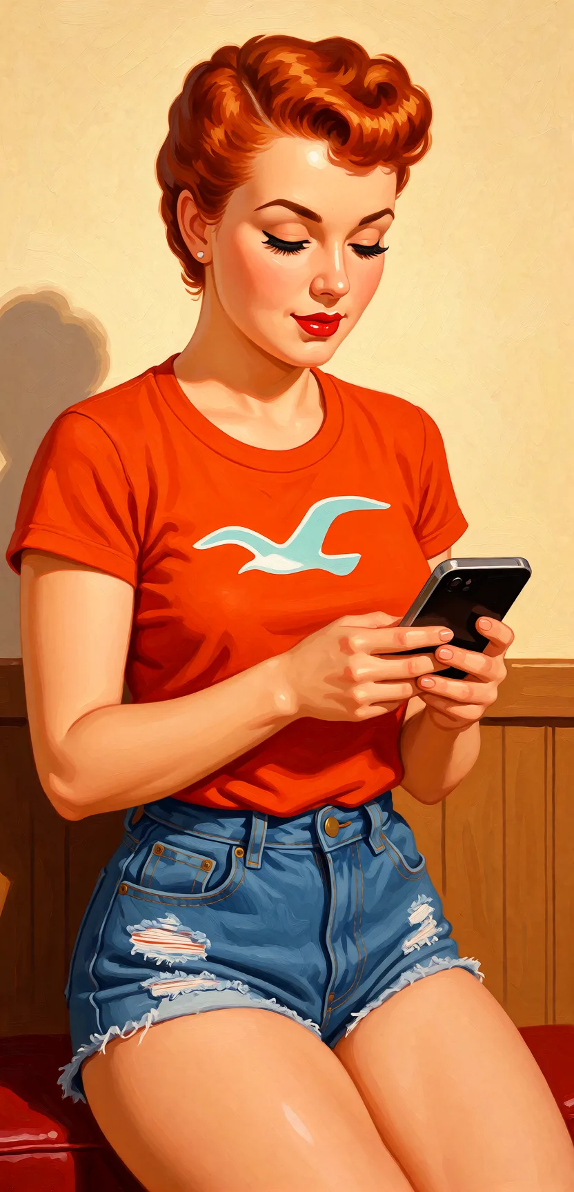 Redraw the entire picture as a retro pin-up illustration: smooth airbrushed gouache paint, warm saturated mid-century colour, clean confident outlines and glamorous stylised features, in the look of a 1950s pin-up poster. The background is painted in the same style. Nothing in the frame keeps its photographic appearance. Above all, the picture must show: nude.