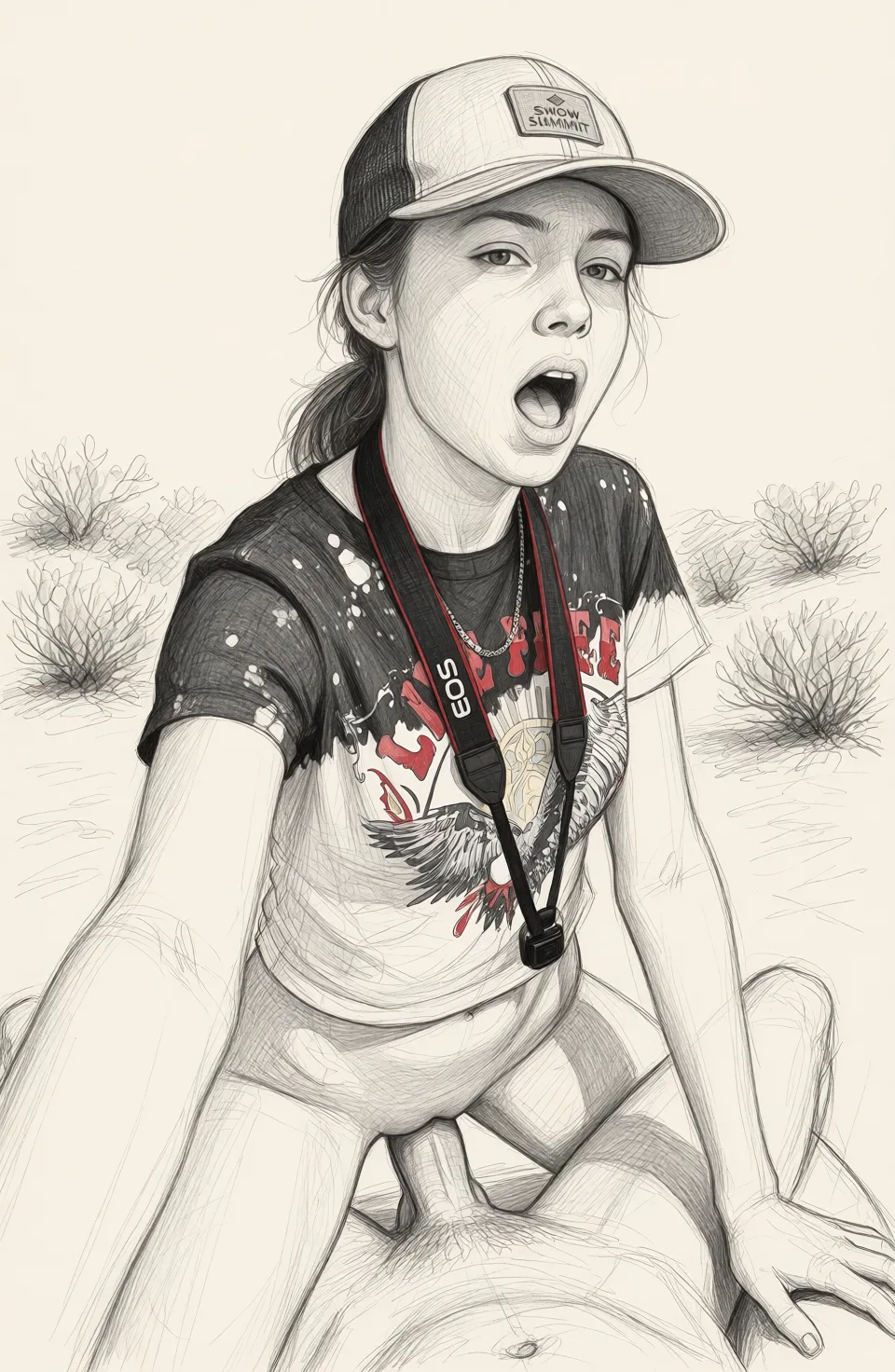 Redraw the entire picture as a hand-drawn graphite sketch on off-white paper: visible pencil strokes, cross-hatched shading, loose construction lines and no colour beyond the grey of the pencil and the tone of the paper. The background is drawn in the same style. Nothing in the frame keeps its photographic appearance. Above all, the picture must show: 1woman 1boy male_pov female_focus nude small_breasts riding reverse_cowgirl_position vaginal_sex moaning ass_focus looking_back anus.