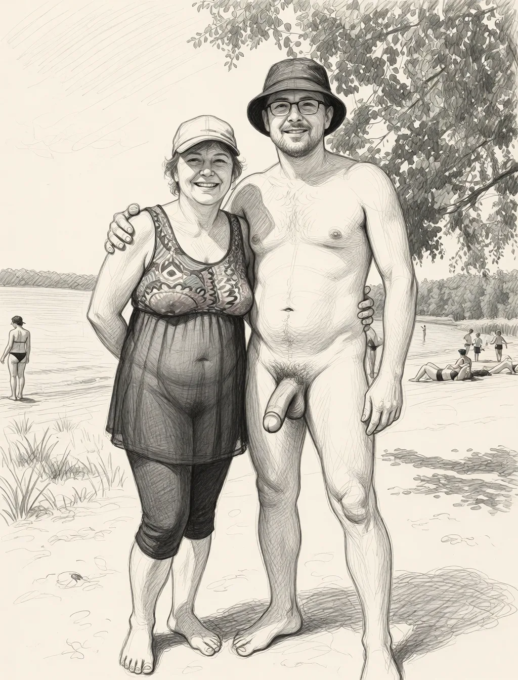 Redraw the entire picture as a hand-drawn graphite sketch on off-white paper: visible pencil strokes, cross-hatched shading, loose construction lines and no colour beyond the grey of the pencil and the tone of the paper. The background is drawn in the same style. Nothing in the frame keeps its photographic appearance. Above all, the picture must show: A naked woman in a semi-transparent loose skirt and a semi-transparent chemise, saggy breasts, pubic hair, a man naked and with a large erect penis.