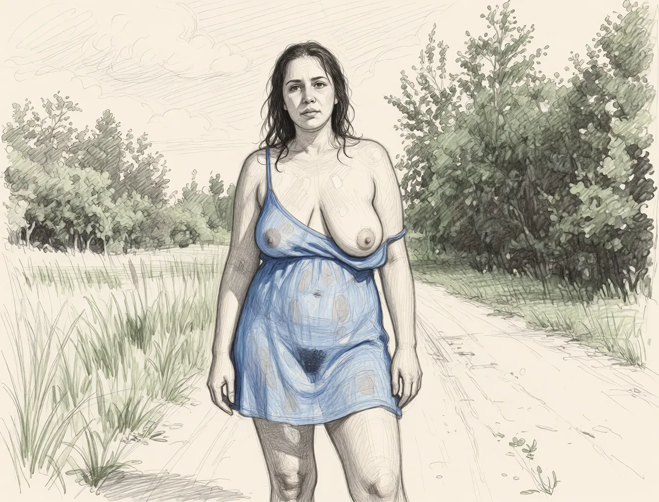 Redraw the entire picture as a hand-drawn graphite sketch on off-white paper: visible pencil strokes, cross-hatched shading, loose construction lines and no colour beyond the grey of the pencil and the tone of the paper. The background is drawn in the same style. Nothing in the frame keeps its photographic appearance. Above all, the picture must show: A naked woman is wearing a semi‑transparent blue sundress; the right strap has slipped off her shoulder and exposed her breast. She has large, sagging breasts, thick pubic hair, a bronze tan, and white marks from a swimsuit on her skin.