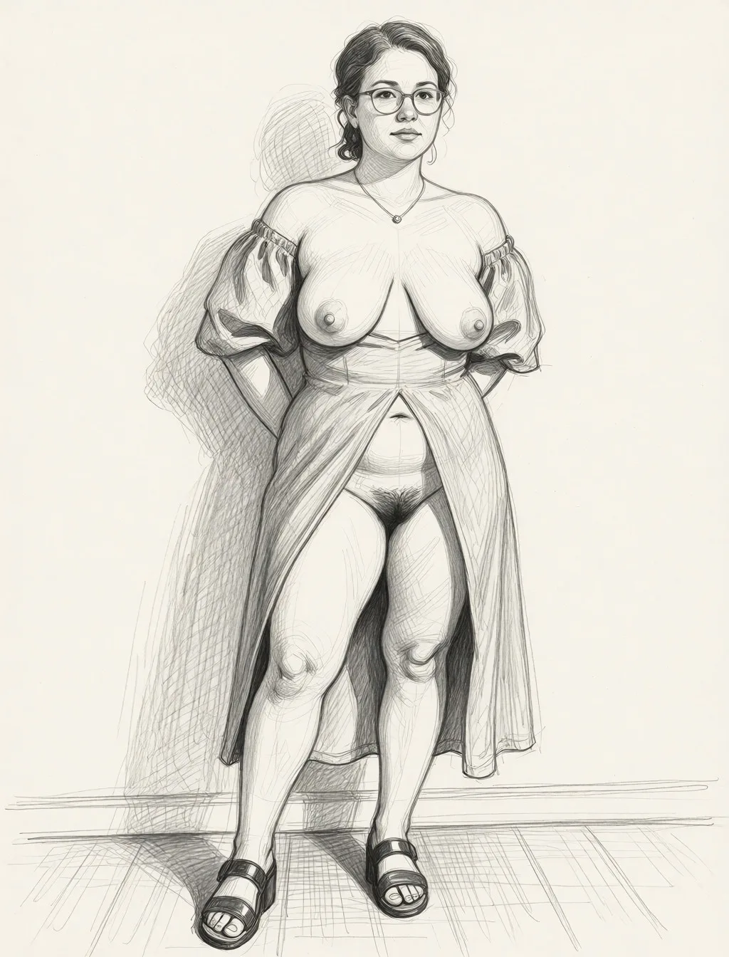 Redraw the entire picture as a hand-drawn graphite sketch on off-white paper: visible pencil strokes, cross-hatched shading, loose construction lines and no colour beyond the grey of the pencil and the tone of the paper. The background is drawn in the same style. Nothing in the frame keeps its photographic appearance. Above all, the picture must show: A naked woman in glasses, medium‑sized breasts, pubic hair, a strapless dress, a very open neckline, a very large slit in the dress, the pubic area is exposed.