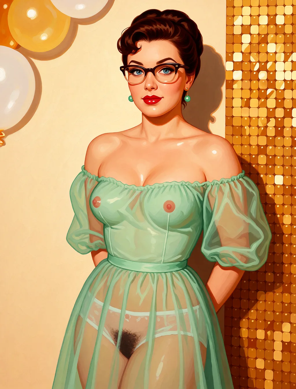 Redraw the entire picture as a retro pin-up illustration: smooth airbrushed gouache paint, warm saturated mid-century colour, clean confident outlines and glamorous stylised features, in the look of a 1950s pin-up poster. The background is painted in the same style. Nothing in the frame keeps its photographic appearance. Above all, the picture must show: Colored drawing. Accurately preserve the facial features. The woman’s dress is semi‑transparent, the underwear is semi‑transparent, the breasts are of medium size and erect, the areolas are small, and there is dense pubic hair.