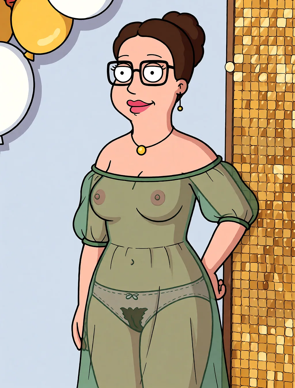 Redraw the entire picture as a western animated cartoon cel: thick even outlines, flat bright blocks of colour, simplified rounded shapes and hard-edged shadows, in the look of a television cartoon rather than of a camera. Keep the woman's adult proportions and adult figure exactly as they are; only the drawing style changes. The background is drawn in the same style. Nothing in the frame keeps its photographic appearance. Above all, the picture must show: Colored drawing. Accurately preserve the facial features. The woman’s dress is semi‑transparent, the underwear is semi‑transparent, the breasts are of medium size and erect, the areolas are small, and there is dense pubic hair.
