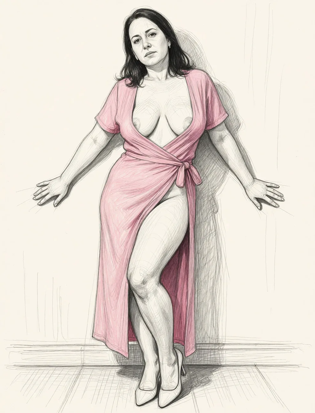 Redraw the entire picture as a hand-drawn graphite sketch on off-white paper: visible pencil strokes, cross-hatched shading, loose construction lines and no colour beyond the grey of the pencil and the tone of the paper. The background is drawn in the same style. Nothing in the frame keeps its photographic appearance. Above all, the picture must show: Colored drawing. Accurately preserve facial features and body proportions. The 45‑year‑old woman is wearing a dress with a very open neckline, almost revealing her chest; the hem has a very high and revealing slit up to the waist, almost exposing the pubis. The woman is standing in a seductive pose, with her arms spread out to the sides. The body is full, the breasts are large and sagging.