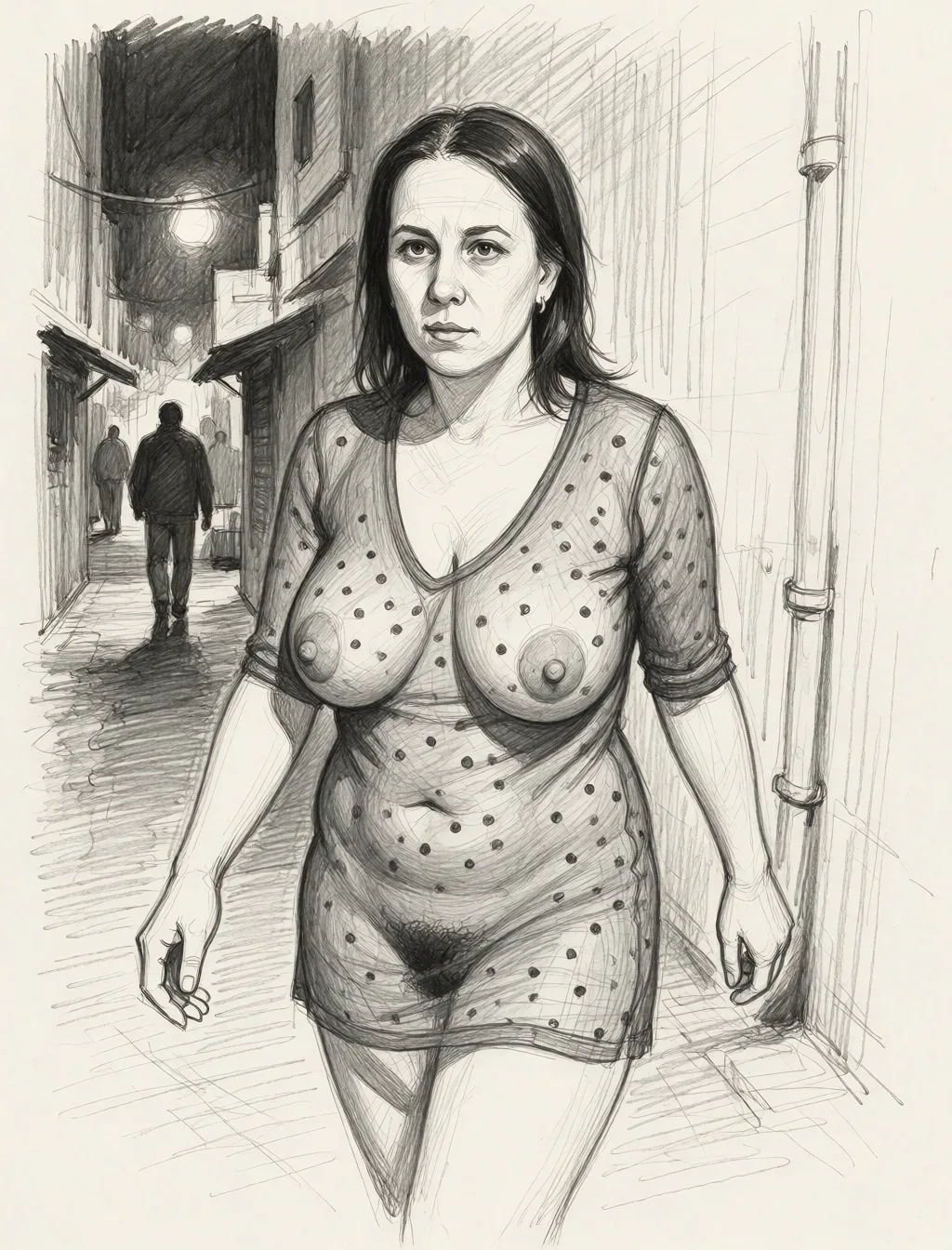 Redraw the entire picture as a hand-drawn graphite sketch on off-white paper: visible pencil strokes, cross-hatched shading, loose construction lines and no colour beyond the grey of the pencil and the tone of the paper. The background is drawn in the same style. Nothing in the frame keeps its photographic appearance. Above all, the picture must show: A naked prostitute is walking through the nighttime slums in a semi‑transparent dress and looking for a client. Large sagging breasts with large areolas and erect nipples, and a hairy pubic area.
