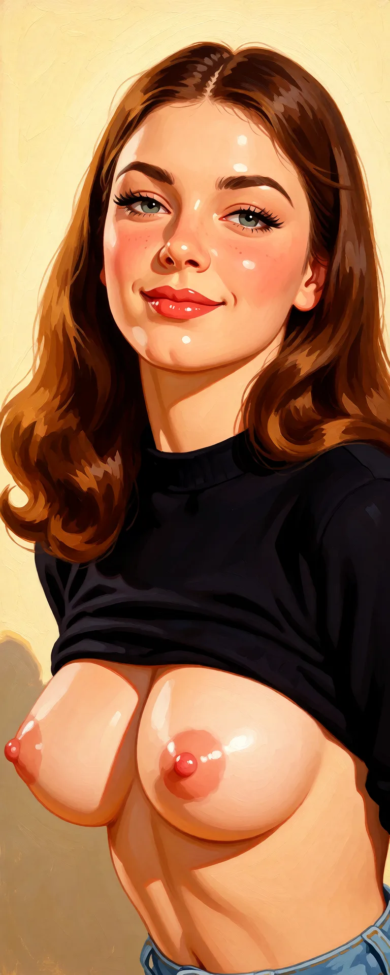 Redraw the entire picture as a retro pin-up illustration: smooth airbrushed gouache paint, warm saturated mid-century colour, clean confident outlines and glamorous stylised features, in the look of a 1950s pin-up poster. The background is painted in the same style. Nothing in the frame keeps its photographic appearance. Above all, the picture must show: Show her tits.