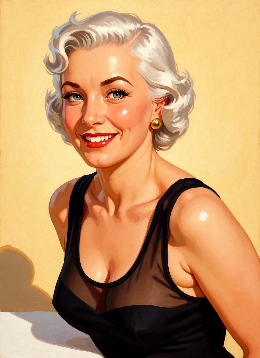 Redraw the entire picture as a retro pin-up illustration: smooth airbrushed gouache paint, warm saturated mid-century colour, clean confident outlines and glamorous stylised features, in the look of a 1950s pin-up poster. The background is painted in the same style. Nothing in the frame keeps its photographic appearance. Above all, the picture must show: nude.