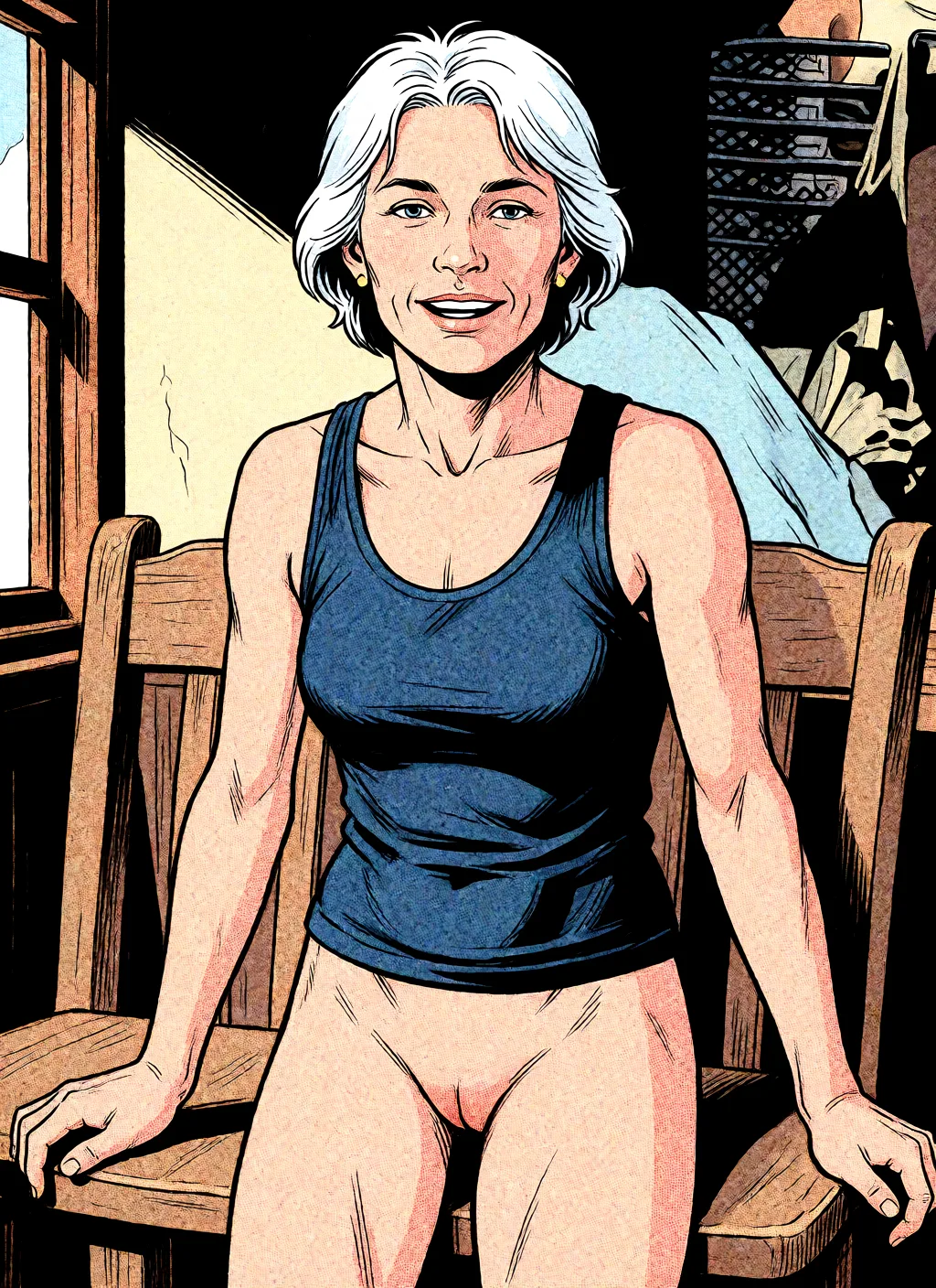 Redraw the entire picture as western comic-book art: heavy black inked outlines, hard-edged cel shading, limited high-contrast colour and visible halftone dot texture. The background is drawn in the same style. Nothing in the frame keeps its photographic appearance. Above all, the picture must show: naked showing thin muscluar legs.