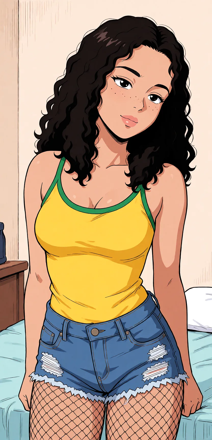 Redraw the entire picture as a hand-drawn anime illustration in flat cel-shaded anime style. It stays the same person with the same face, the same expression, the same hair and the same skin tone, and every other detail of the photograph is kept exactly as it is: nothing is added, removed, moved, uncovered or recoloured. Only the medium changes, and no part of the picture is left photographic. Above all, the picture must show: undressing.
