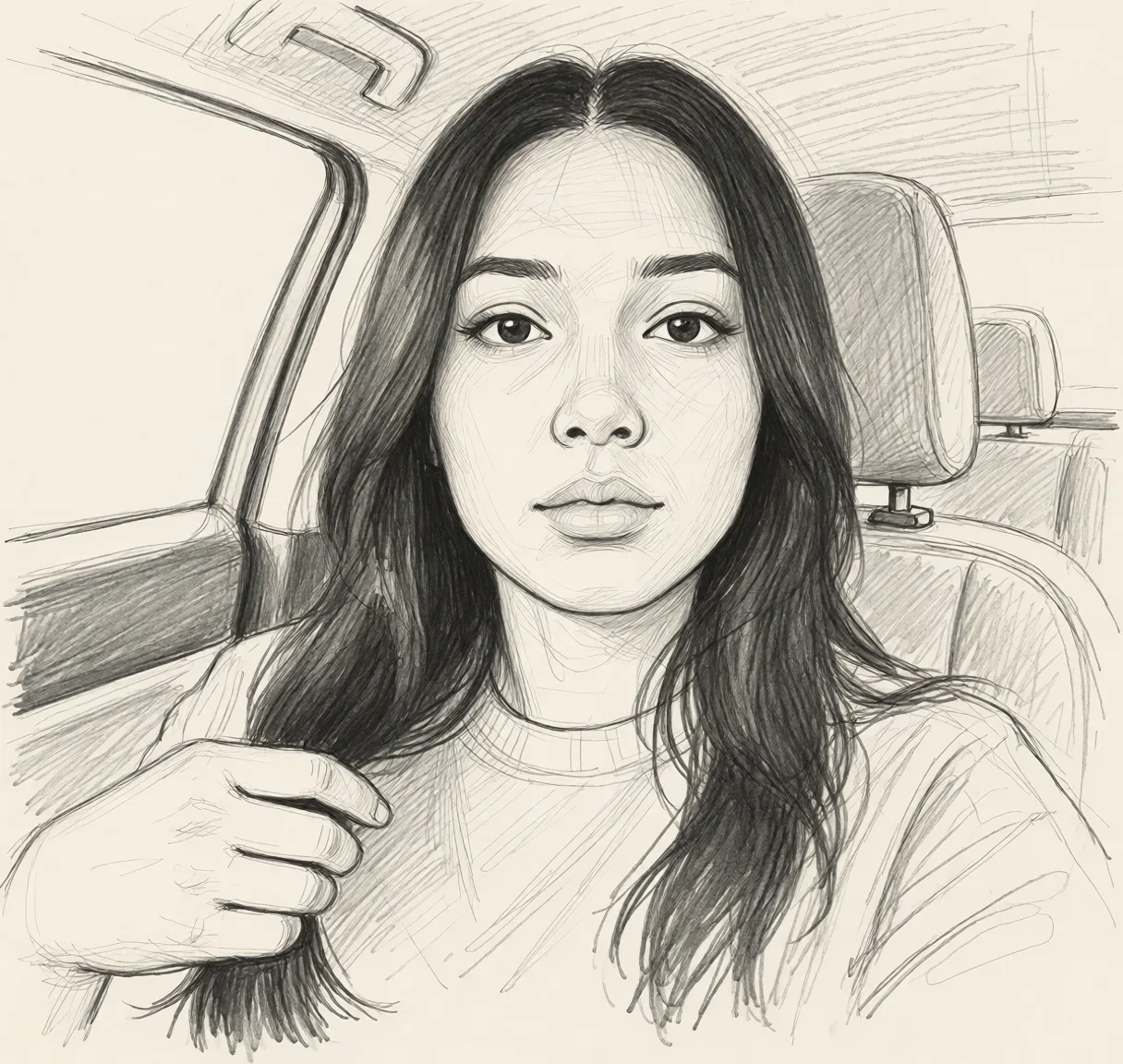 Redraw the entire picture as a hand-drawn graphite sketch on off-white paper: visible pencil strokes, cross-hatched shading, loose construction lines and no colour beyond the grey of the pencil and the tone of the paper. The background is drawn in the same style. Nothing in the frame keeps its photographic appearance. Above all, the picture must show: Делает минет.