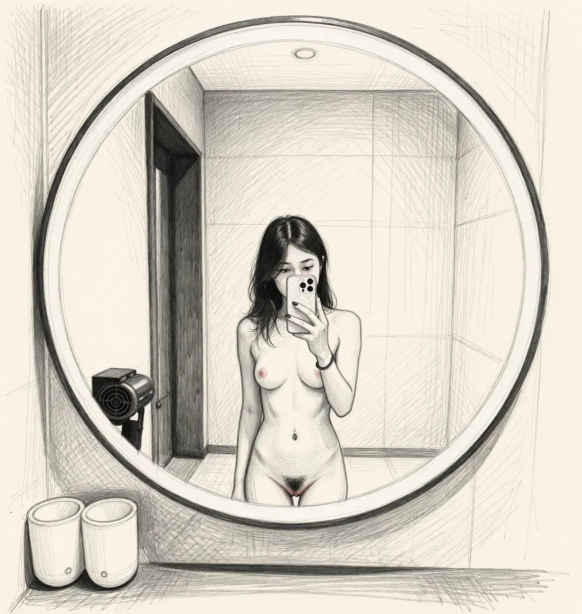 Redraw the entire picture as a hand-drawn graphite sketch on off-white paper: visible pencil strokes, cross-hatched shading, loose construction lines and no colour beyond the grey of the pencil and the tone of the paper. The background is drawn in the same style. Nothing in the frame keeps its photographic appearance. Above all, the picture must show: Small tits with pink pussy with some pubic hair.