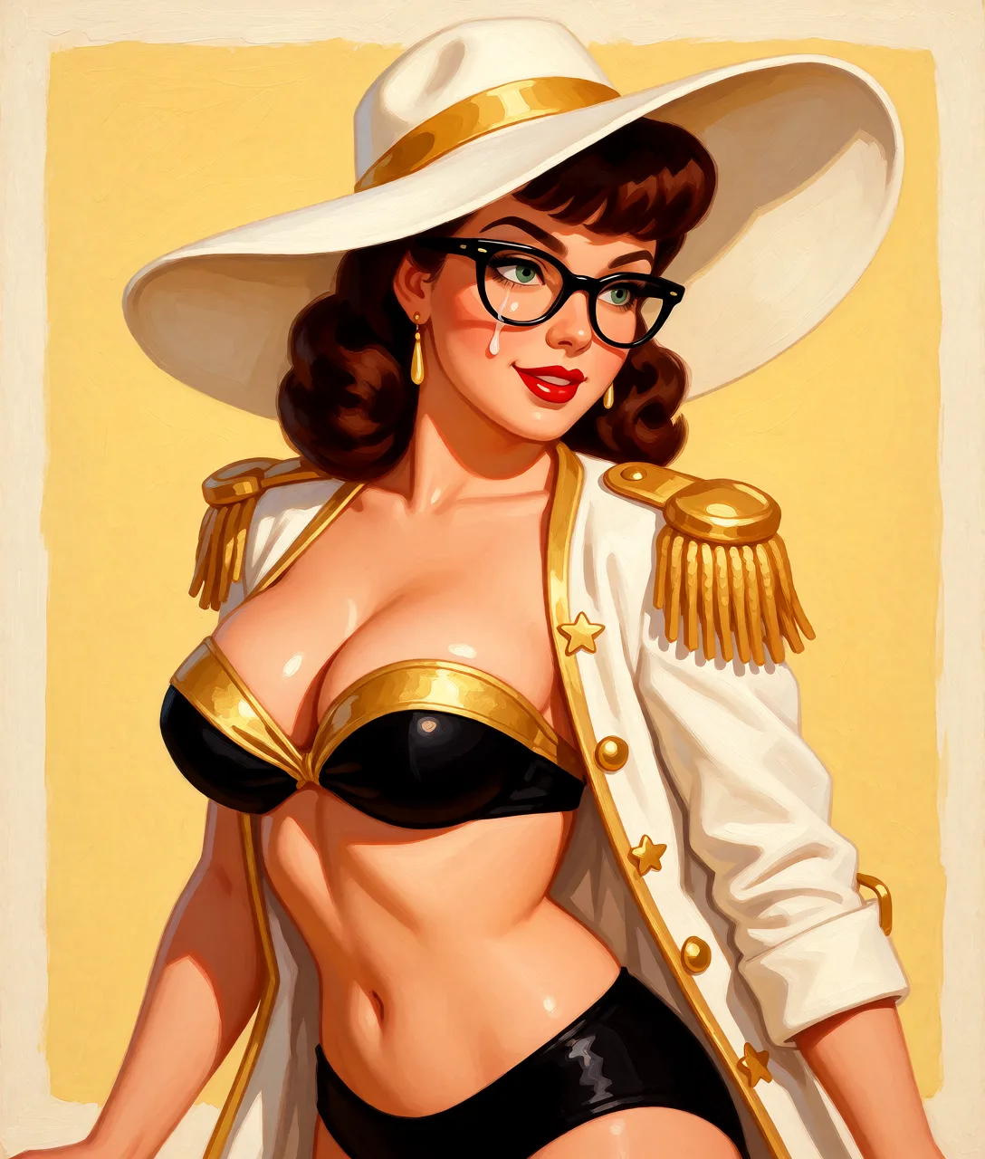 Redraw the entire picture as a retro pin-up illustration: smooth airbrushed gouache paint, warm saturated mid-century colour, clean confident outlines and glamorous stylised features, in the look of a 1950s pin-up poster. The background is painted in the same style. Nothing in the frame keeps its photographic appearance. Above all, the picture must show: in black and golden bikini.