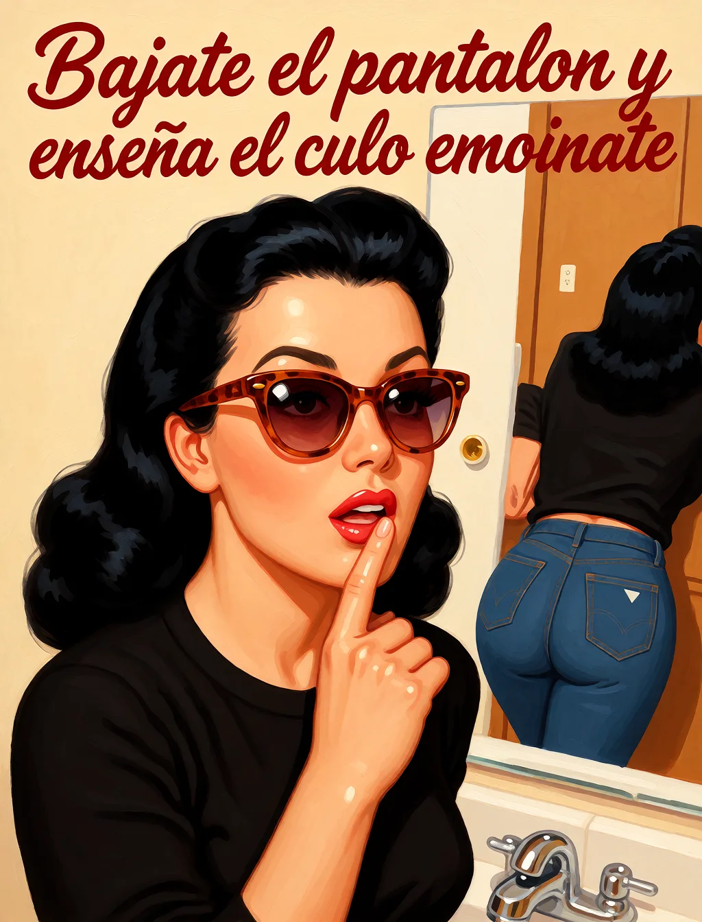 Redraw the entire picture as a retro pin-up illustration: smooth airbrushed gouache paint, warm saturated mid-century colour, clean confident outlines and glamorous stylised features, in the look of a 1950s pin-up poster. The background is painted in the same style. Nothing in the frame keeps its photographic appearance. Above all, the picture must show: Bajate el pantalon y enseña el culo emoinate.